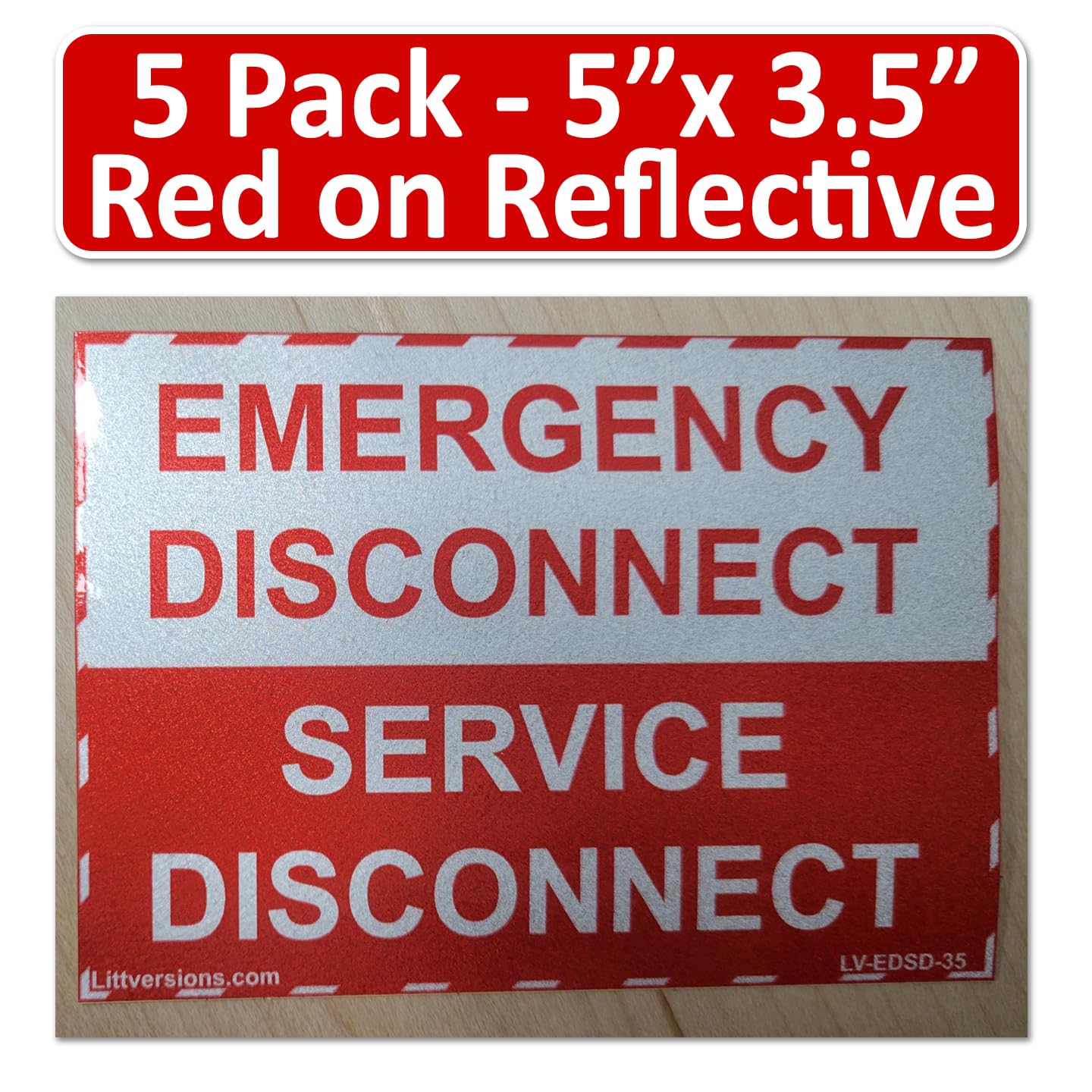 Littversions 5 Pack Reflective 5"x 3.5" NEC Compliant Emergency Disconnect Service Outdoor Laminated Labels Decal Sign Notice Sticker Elerctrical