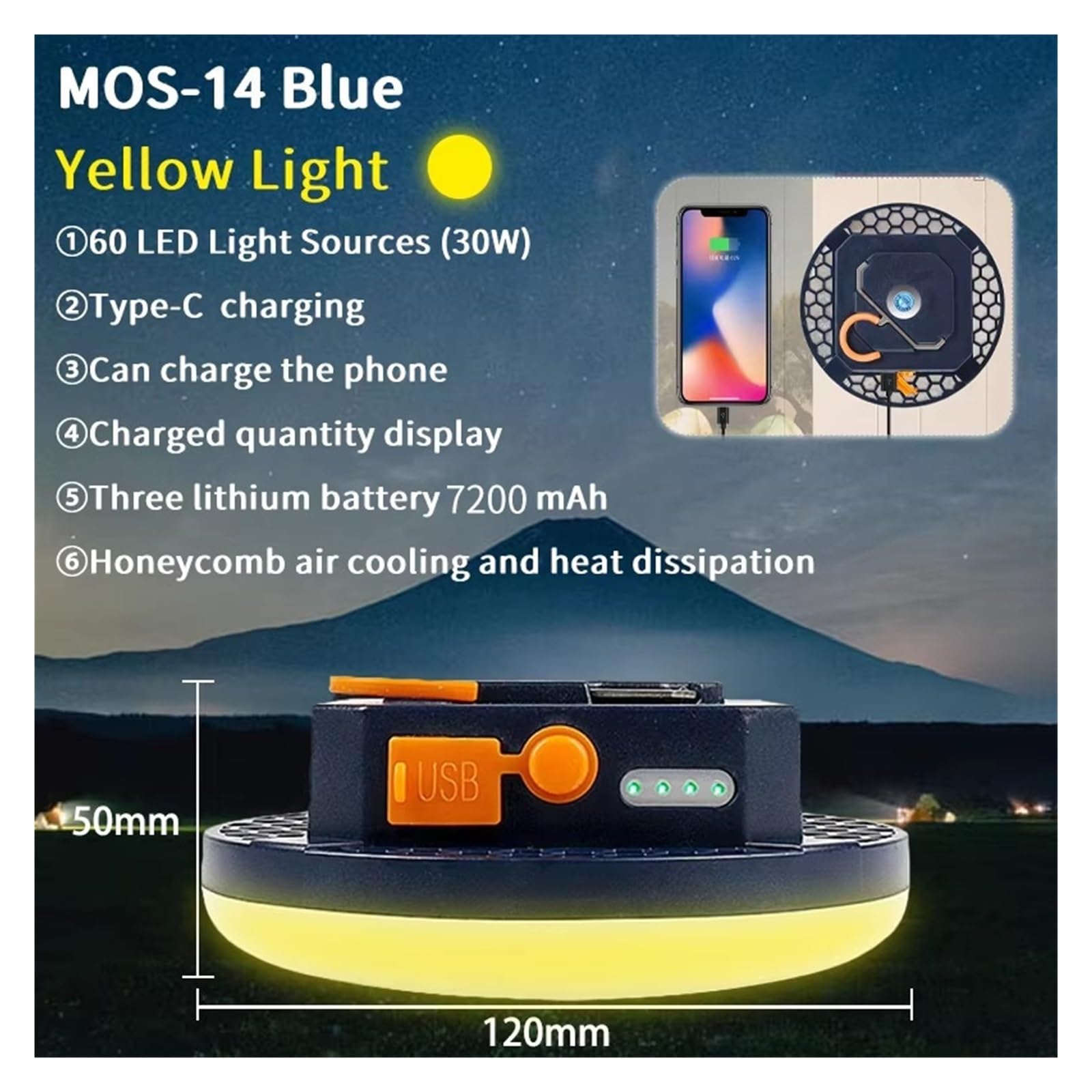 Luz LED For Tienda De Campaña, Linterna Recargable 7200Mah, Lámpara Portátil For Acampar Al Aire Libre, Multifuncional Alta Potencia Resistencia Luces SúPer Brillantes(MOS-14-B-W)