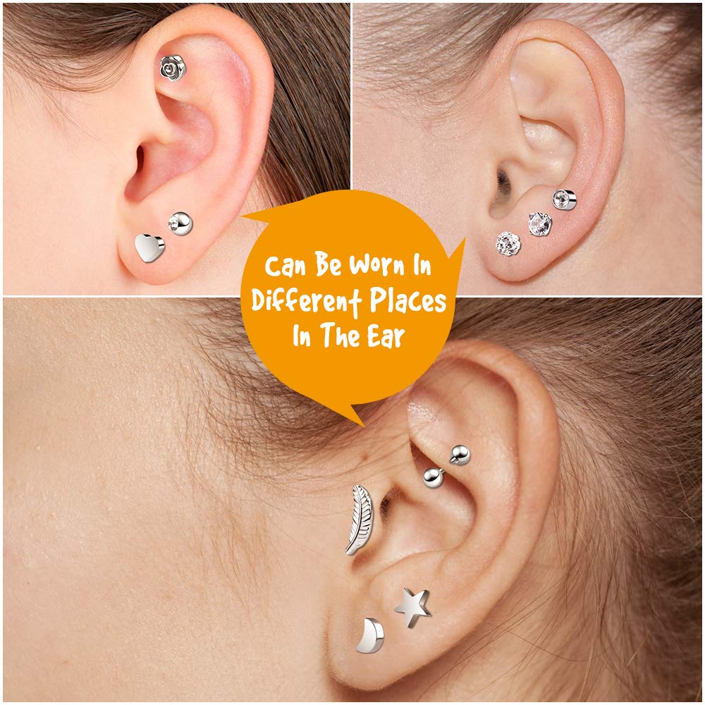 Orecchino Cartilage, 12 paia di orecchini di Tragus hanno 12 forme diverse e orecchino di Tragus de Cartilage per uomo donna, orecchino piercing facile da indossare, Acciaio inossidabile