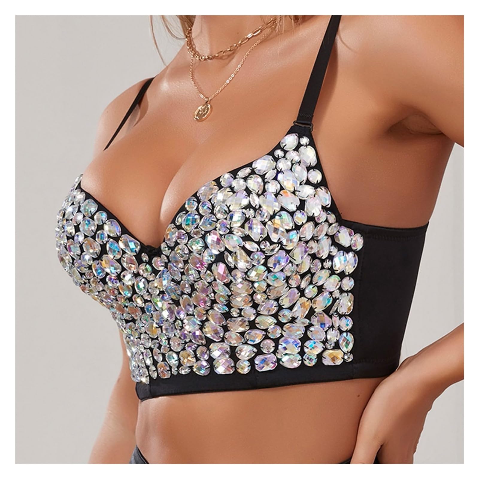 Top Brillantinato Donna Top Donna Corsetto Abbigliamento Cucito a Mano Nightclub Strass Bretelle Paillettes Diamante Camicette Donne Anziane