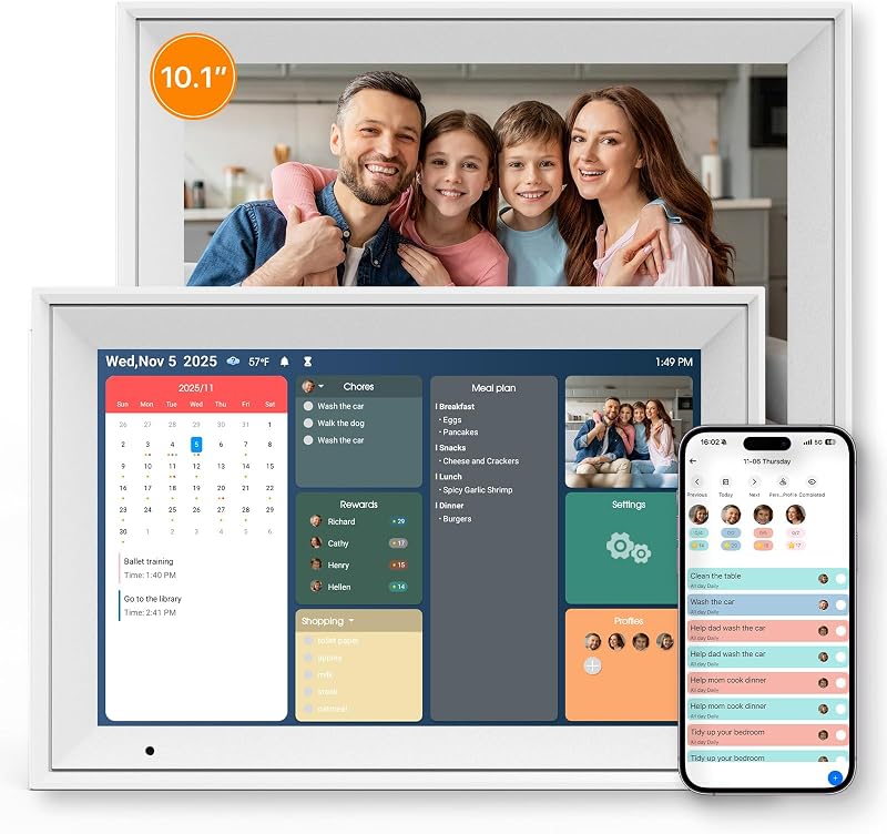 Calendario digital Calendario inteligente de 10,1", calendario electrónico con pantalla táctil interactiva IPS HD de 1280 x 800 para horarios familiares, marco de fotos digital WiFi, memoria incorporada de 32 GB, color blanco