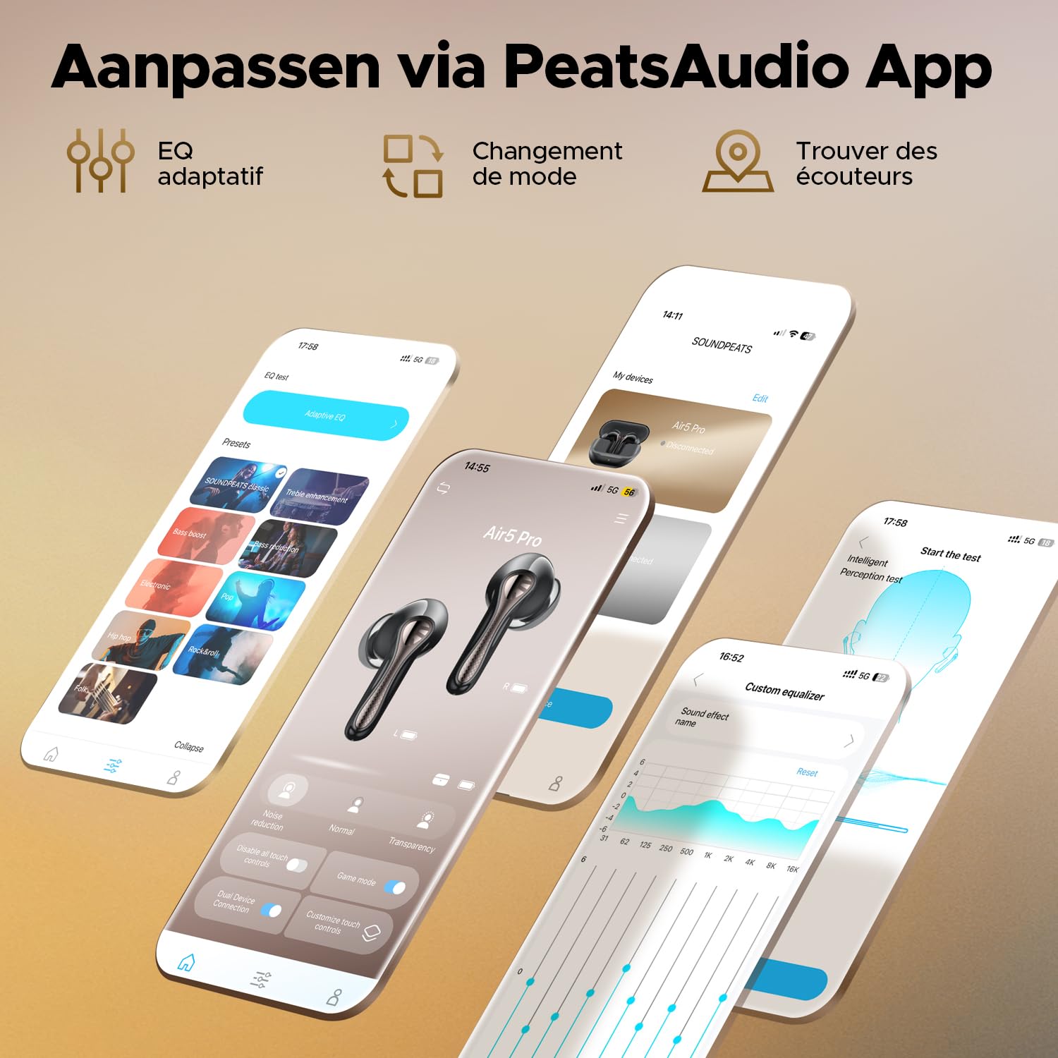 SoundPEATS Air5 Pro BT 5.4 Écouteurs sans Fil - Écouteurs Intra auriculaire, LDAC & aptX Lossless, Hi-Res Audio, 55 DB Hybrid ANC, 6 Microphones, multipoint, 37H d'autonomie, IPX5
