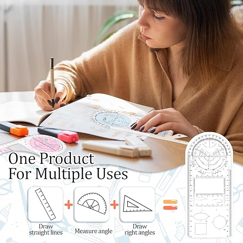Miniatura 7 de KALIONE Juego de reglas geométricas multifuncionales, 3 plantillas transparentes para dibujar regla de medición de múltiples ángulos, regla de