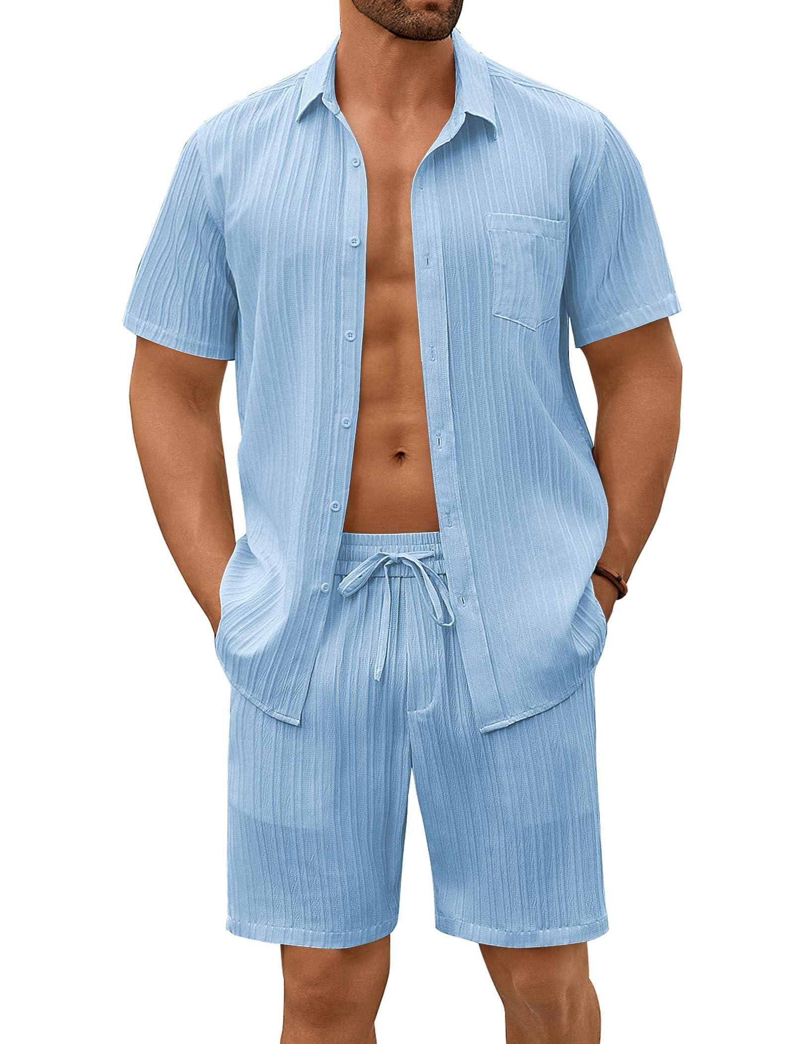 COOFANDY Mens Beach Outfits 2 Piece Sets Casual Short Sleeve Button Down Summer Textured Shirt