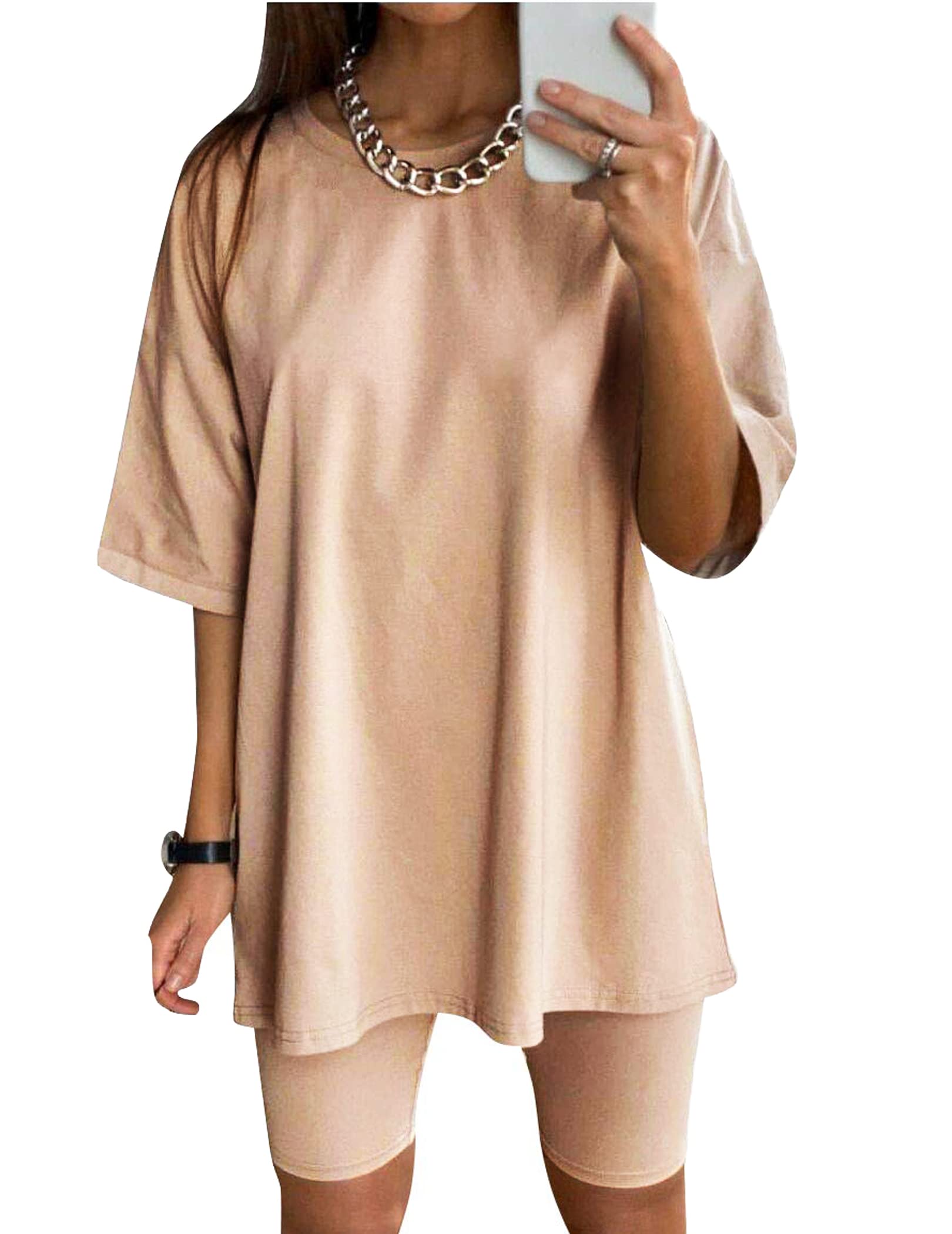 Women's 2 Piece Outfits Casual Oversized T-Shirt Tops Biker Short Sets Lounge Two Piece Workout Sports Tracksuit, Pink, S