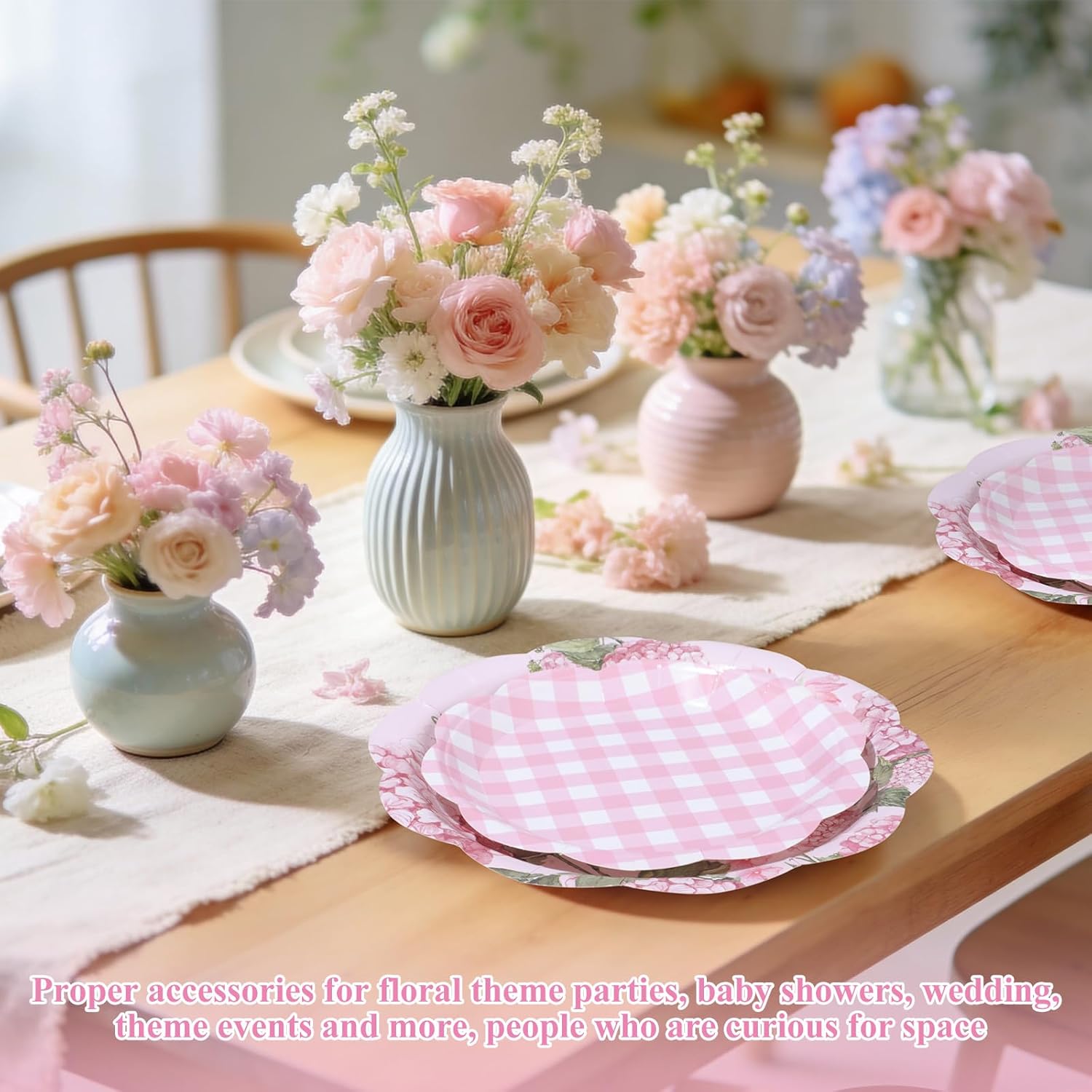 Mumufy 100 Pack Hydrangea Paper Plates 9" & 7" Disposable Checkered Dessert Plate Pink Floral Plaid Dinner Tableware for Wedding Birthday Baby Shower Garden Spring Tea Party Decoration and Supplies