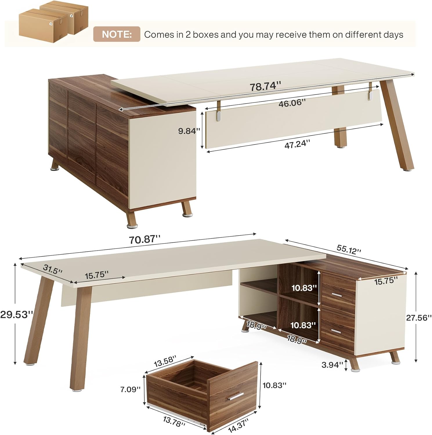 Tribesigns 78.7" L-Shaped Executive Desk, Modern Office Desk with File Drawers & Storage Shelves, Large Computer Desk with 55-Inch Cabinet, Business Workstation for Home Office, Beige & Walnut