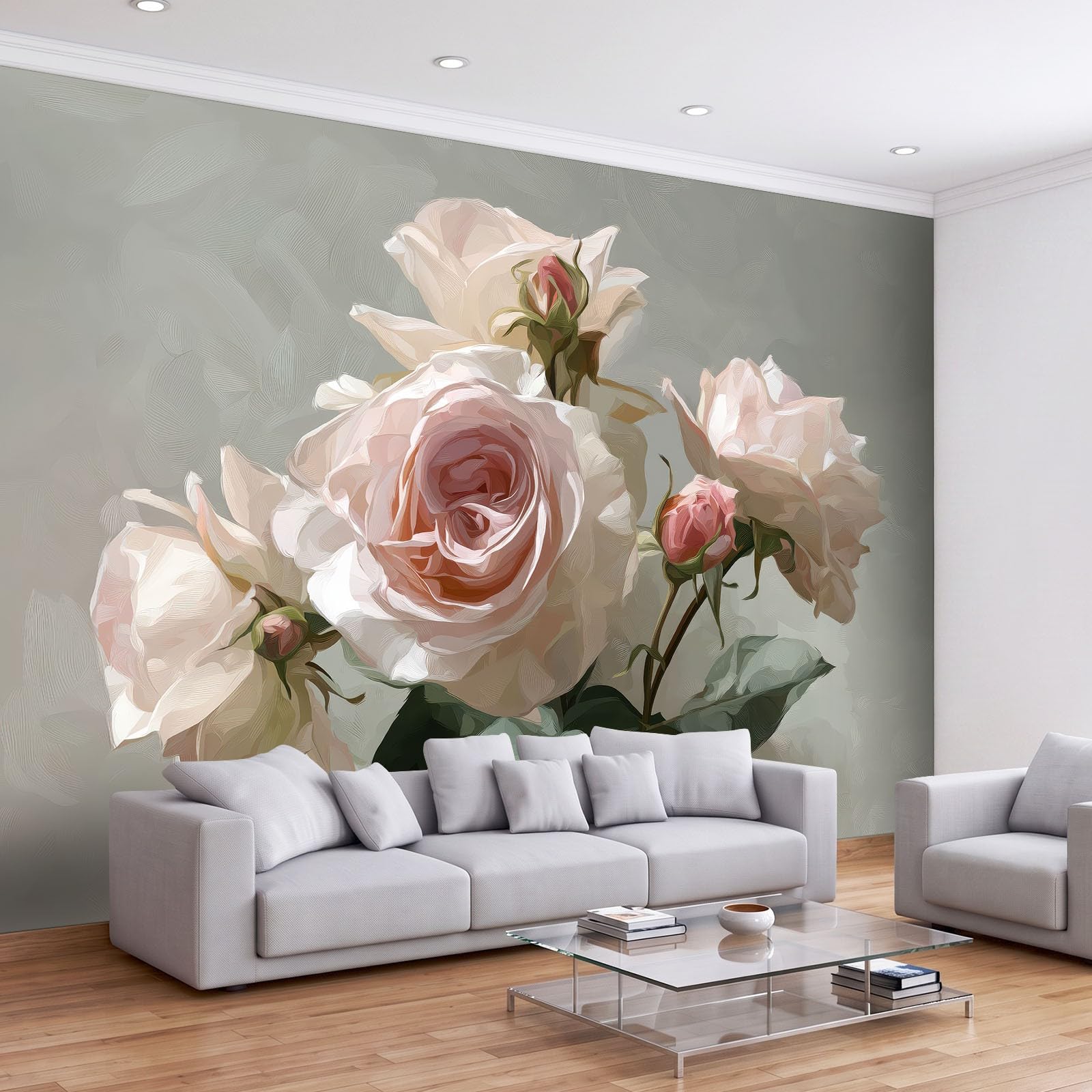 Générique Tapeta 3D Panoramiczny Efekt Fototapety 250 x 175 cm Rośliny Różowe Kwiaty Elegancja Tapeta Gobelin Plakat Panoramiczny Salon Dekoracja ścienna Pokój dziecięcy, Beżowy