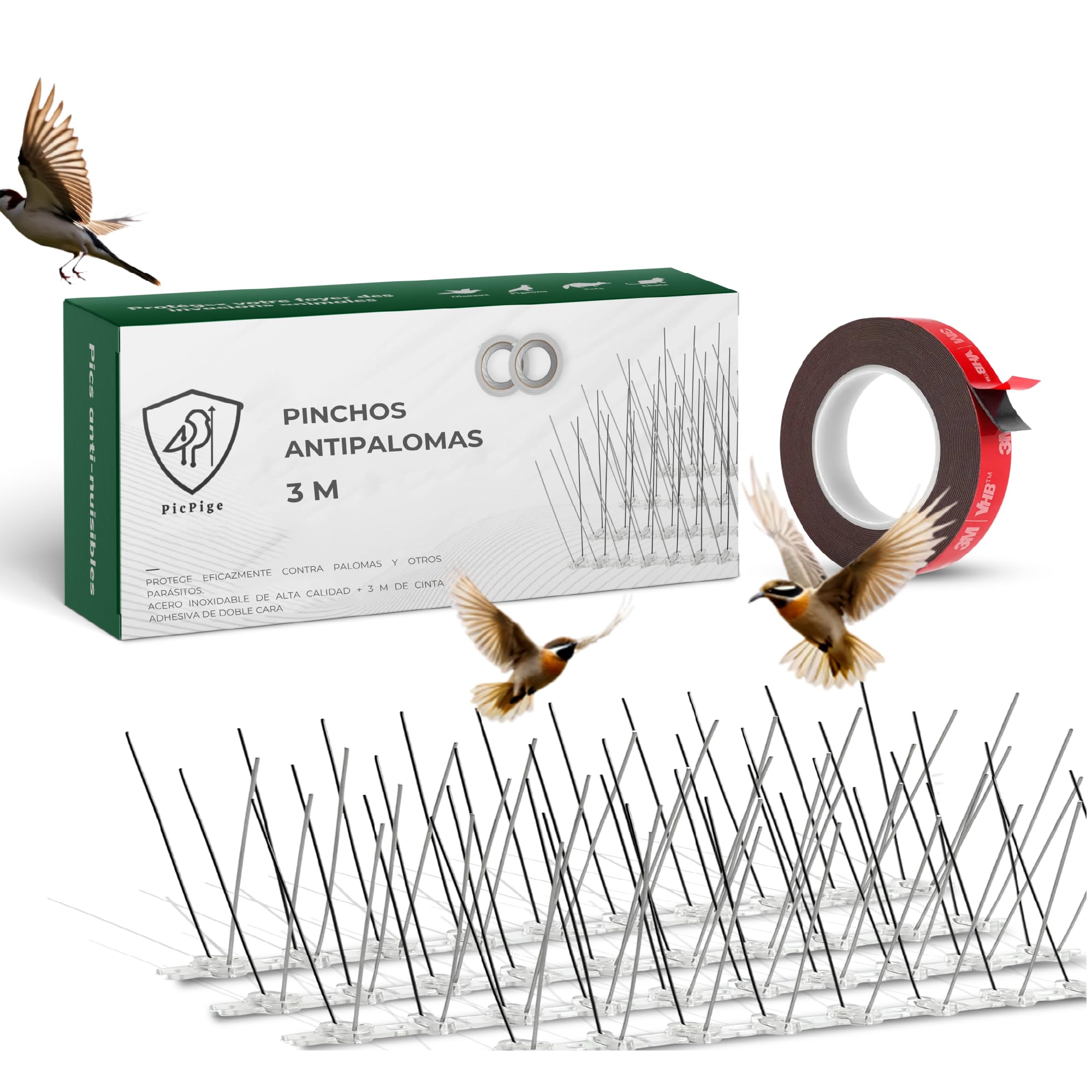 Dissuasores de Palomas - 3 Metros - Pinchos en Acero Inoxidable - 3M Cinta Adhesiva Incluida - 20 Unidades - Anti Palomas para Balcón, Tejado, Valla