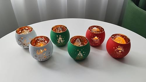 Miniatura 5 de Juego de 6 portavelas de Navidad, soporte con 6 patrones de grabado láser, portavelas a granel para centro de mesa, decoración de fiesta, Papá Noel,