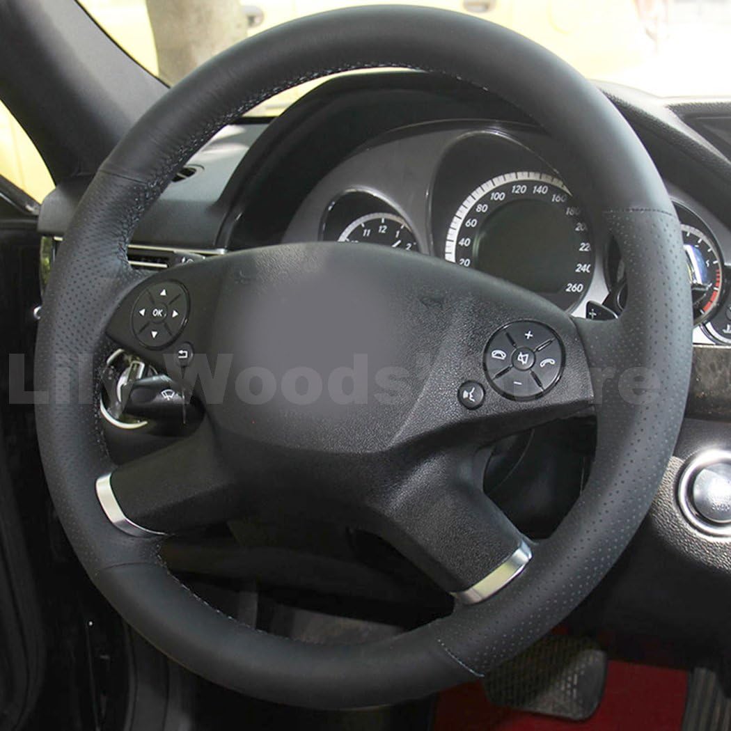 Loncky Black Genuine Leather Steering Wheel Cover for Mercedes Benz E350/E550 Accessories