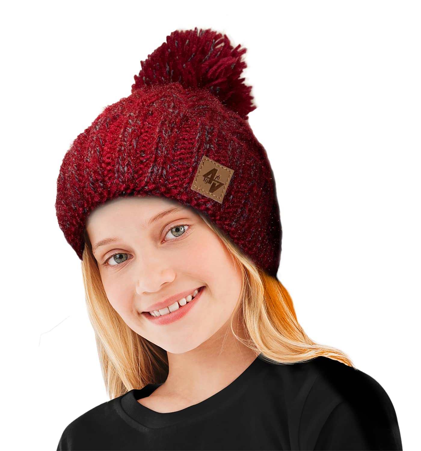 4Sold Unisex Kids Zizzy Maroon Bobble Hat Plain Kids Beanie Warm Winter Pom Wooly Cap Corkscrew Cable Knitted
