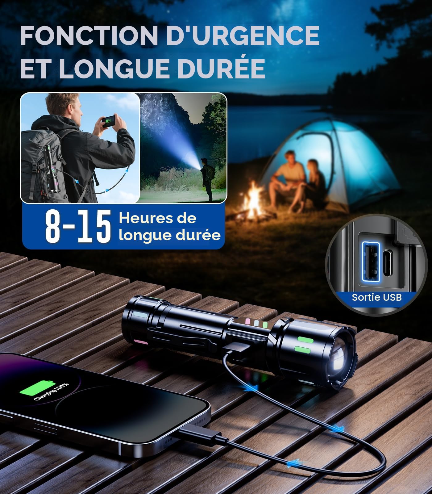 Esgofo Lampe Torche LED Ultra Puissante 1000000 Lumens, Lampe de Poche LED Rechargeable USB C Longue Distance Tactique Zoomable 3 Modes de Longue Durée 15H, pour le Camping Randonnée D'urgence