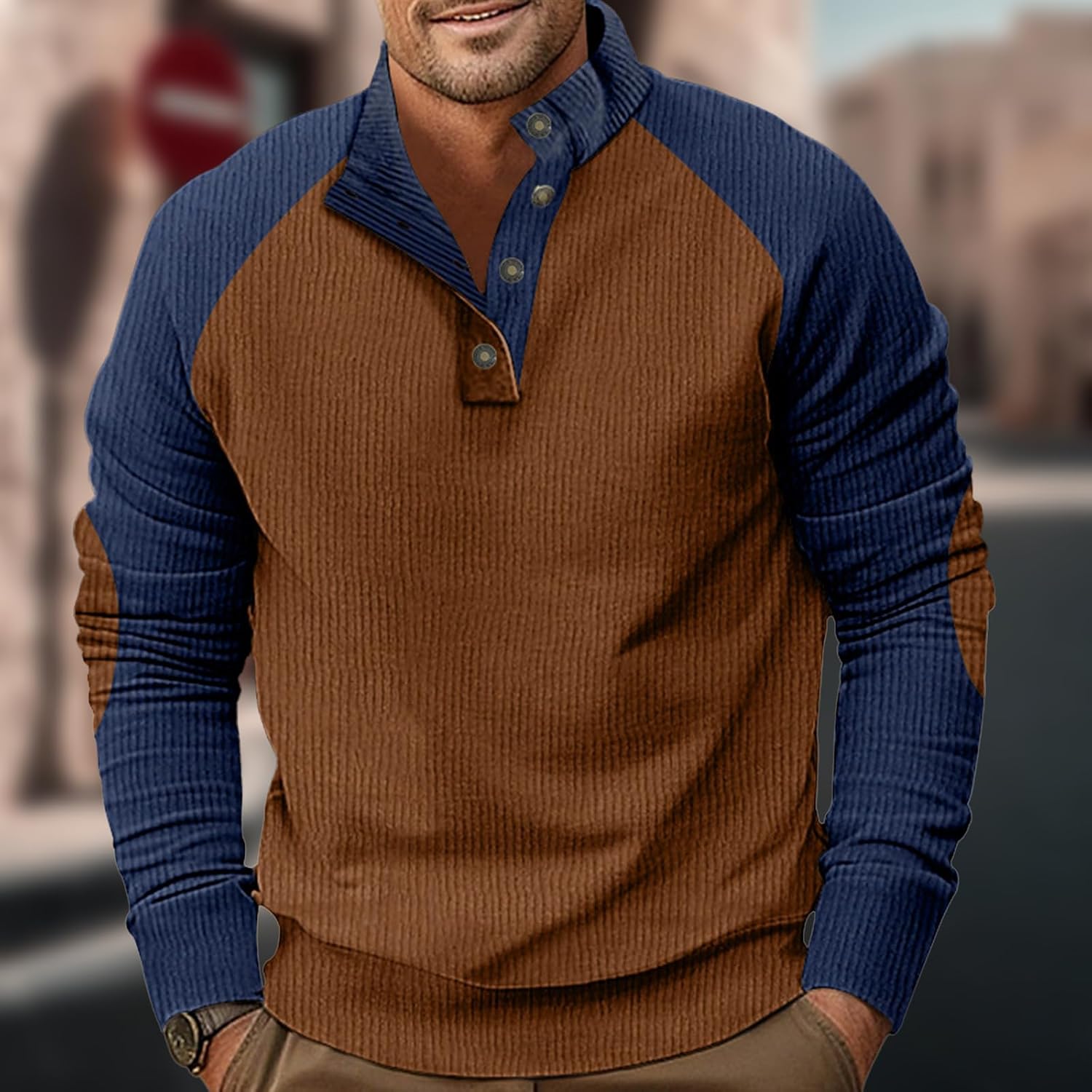 Men's Solid Color Corduroy Half Collar Shirts Brown Long Sleeve Lightweight Casual Loose Fit Streetwear Pullover - Image 2