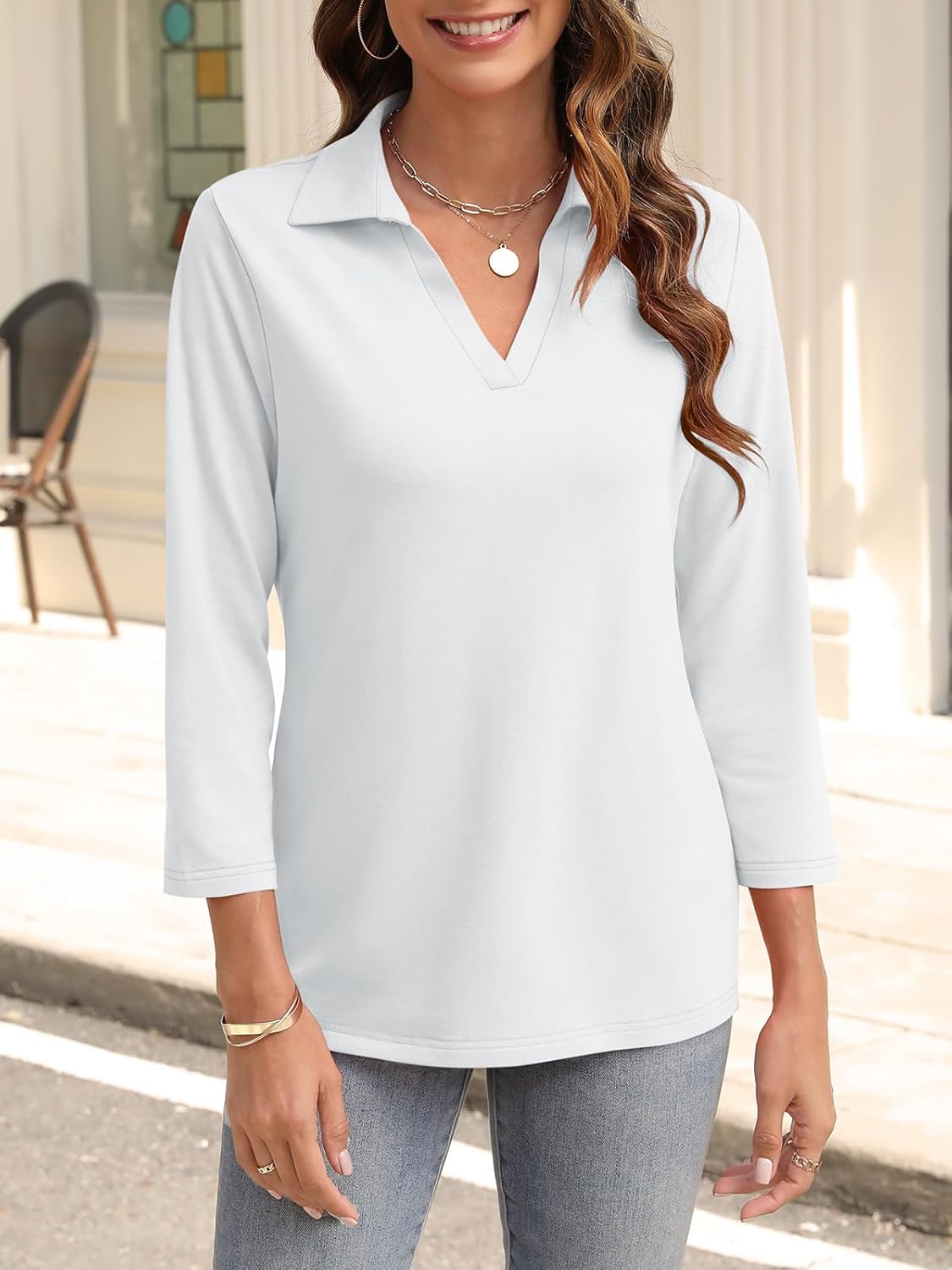 Womens V Neck Polo Shirts 3/4 Sleeve Collared Tops Business Casual Summer Tops Trendy Loose - Image 3