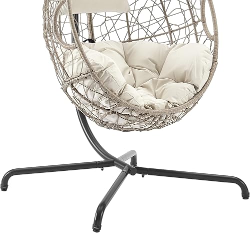 Miniatura 5 de Ulax Furniture Silla colgante de mimbre para exteriores, silla de huevo con soporte para patio, hamaca de ratán con cojín suave y esponjoso