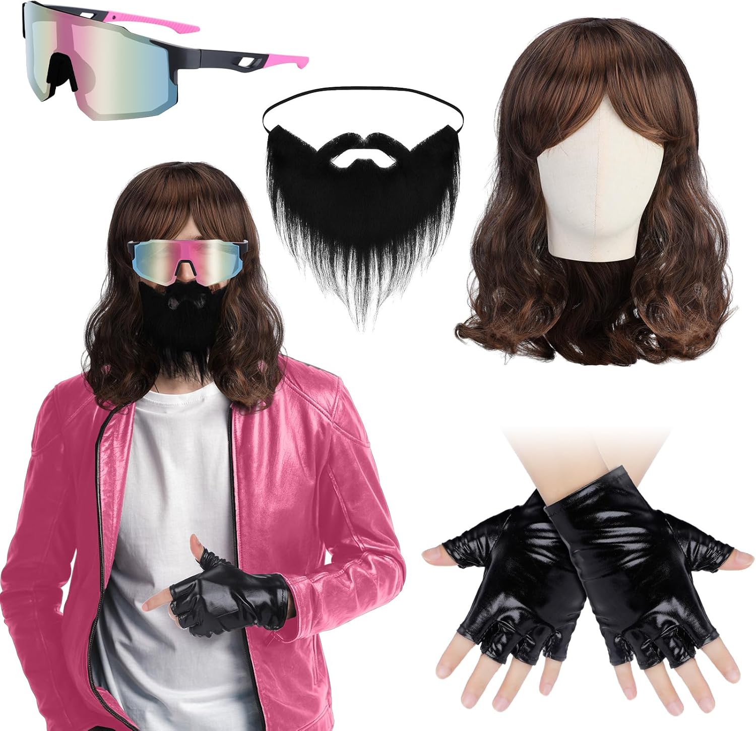 4 Pcs Halloween Game Garbageman Costume 2025 Movie Costume Accessories Include Wig Leather Gloves Glasses and Fake Beard for Cosplay Party