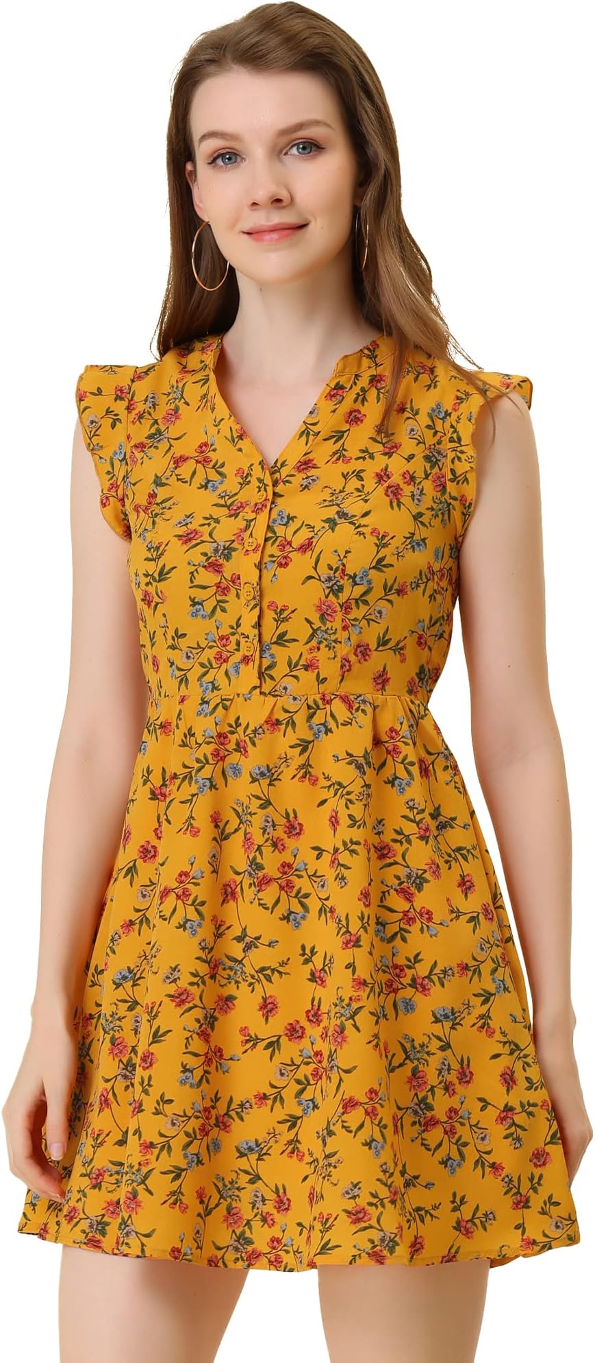Women's Flutter Sleeve Ruffle A-Line Flowy Chiffon Dress