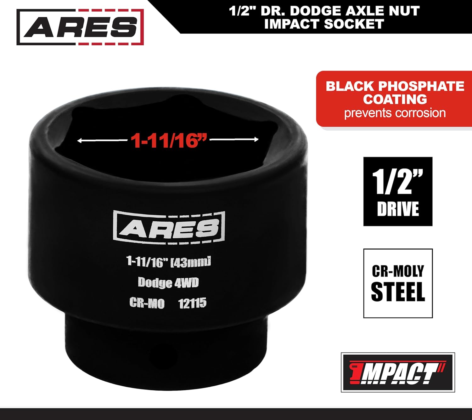 ARES 12115-1-11/16" (43mm) Axle Nut Impact Socket – 1/2-Inch Drive Axle Nut Socket with Durable Chrome Moly Construction – Compatible with Dodge (Select Models)