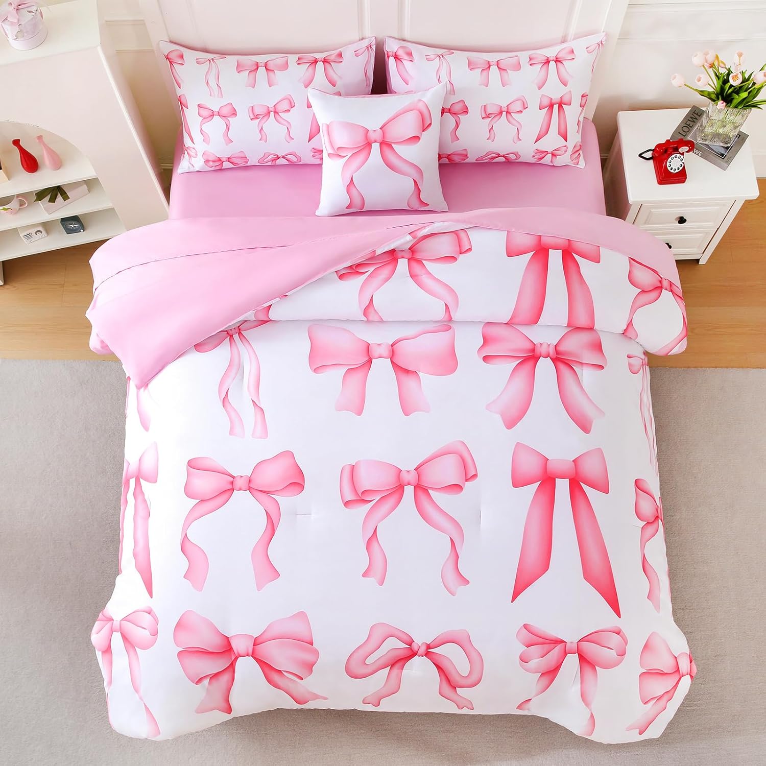 Full Size Comforter Sets Bed in a Bag for Girls,6 Pieces Pink Bow Bedding Sets with Sheets for Kids