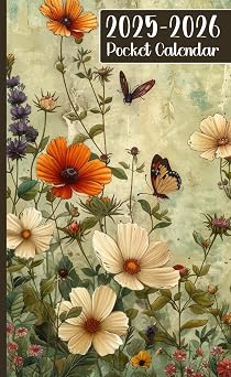 Pocket Calendar 2025-2026 for Purse Small 2 Year Monthly Planner from January 2025 to December 2026 with Holidays, Butterfly and Flower Cover.