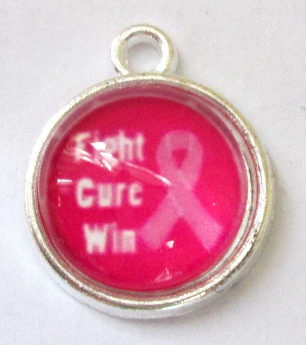 Black Leather 9" Anklet with 10mm Round Breast Cancer Awareness Fight Cure Win Glass Cabochon Charm ~ Sterling Silver Clasp