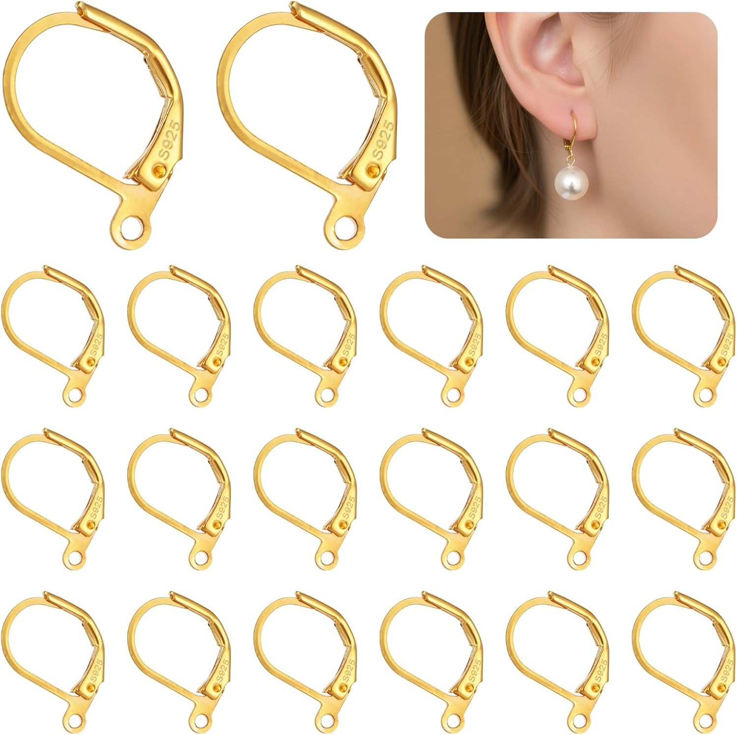 20 Pcs Leverback Earring Hooks in Golden 925 Sterling Silver, Skin Friendly French Hook Earring Clasps with Loop, Dangle Earring Findings for DIY Jewelry Making, Secure Closed Back Design