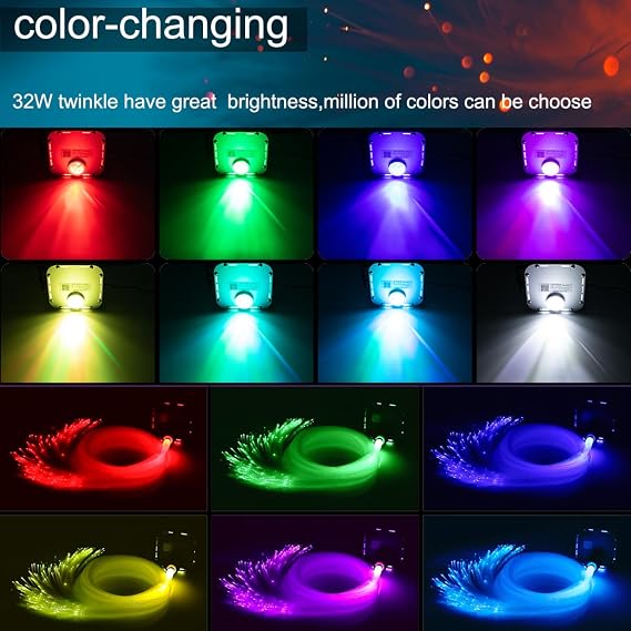 AZIMOM Bluetooth 32W RGBW Twinkle Fiber Optic Star Ceiling Lighting Kits 600pcs0.03in13.1ft End Glow Optical Fiber Cable App/Remote Control Light Source Car Home Theater Sky Ceiling Decor