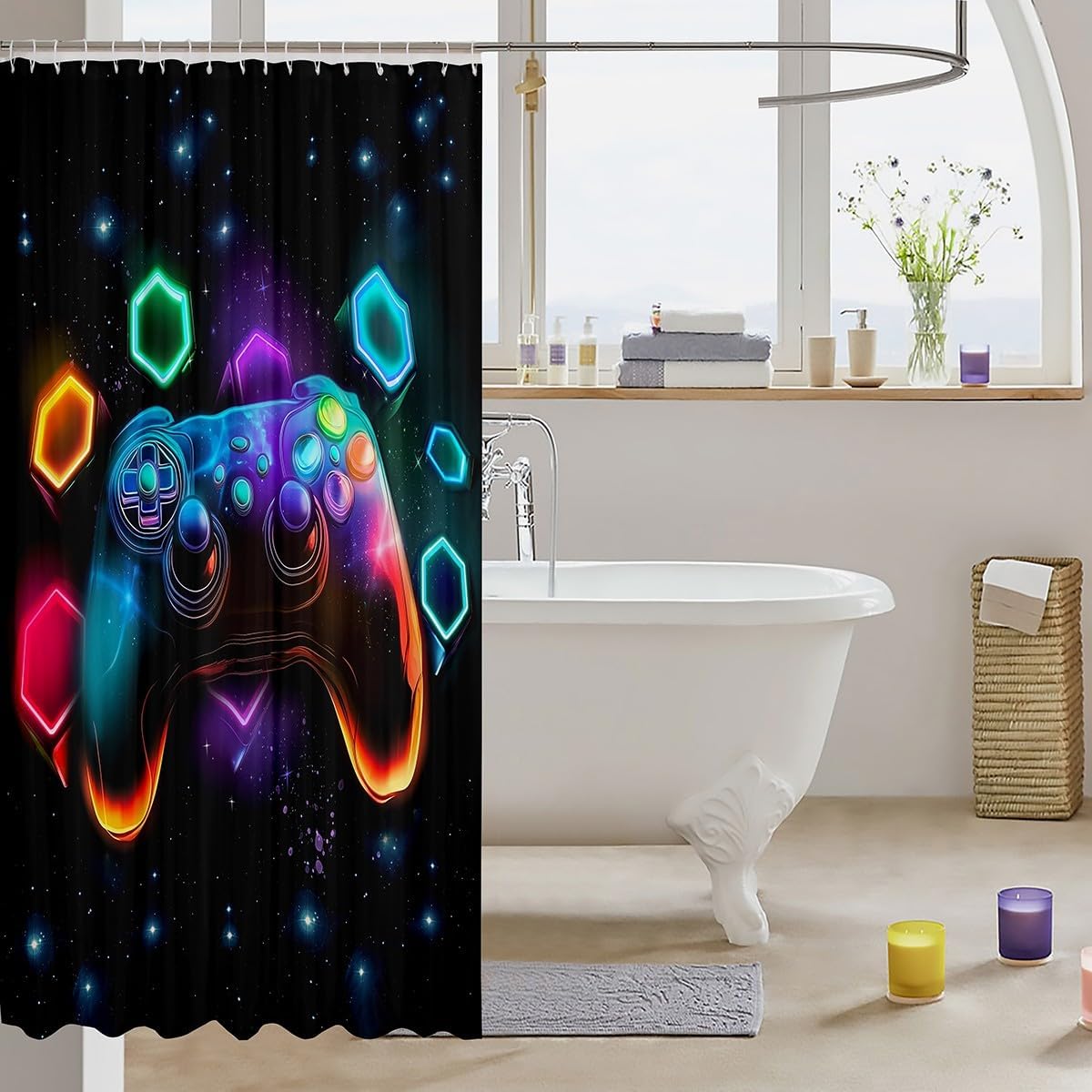 Erosebridal Game Consoles Gaming Bath Curtain 72" Wx72 L Gamer Gifts,Gamer Shower Curtain Set Space Glow Geometric Bathroom Shower Curtain Red Green Blue Teal,Kids Room Decor Boys Bedroom Decor image 3