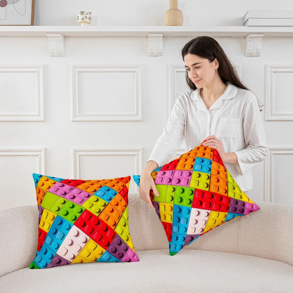 Feelyou Brick Square Cushion Covers Set of 1 Building Blocks Reversible Throw Pillow Covers Pillow Covers Home Decor 24 x 24-Inch Colorful