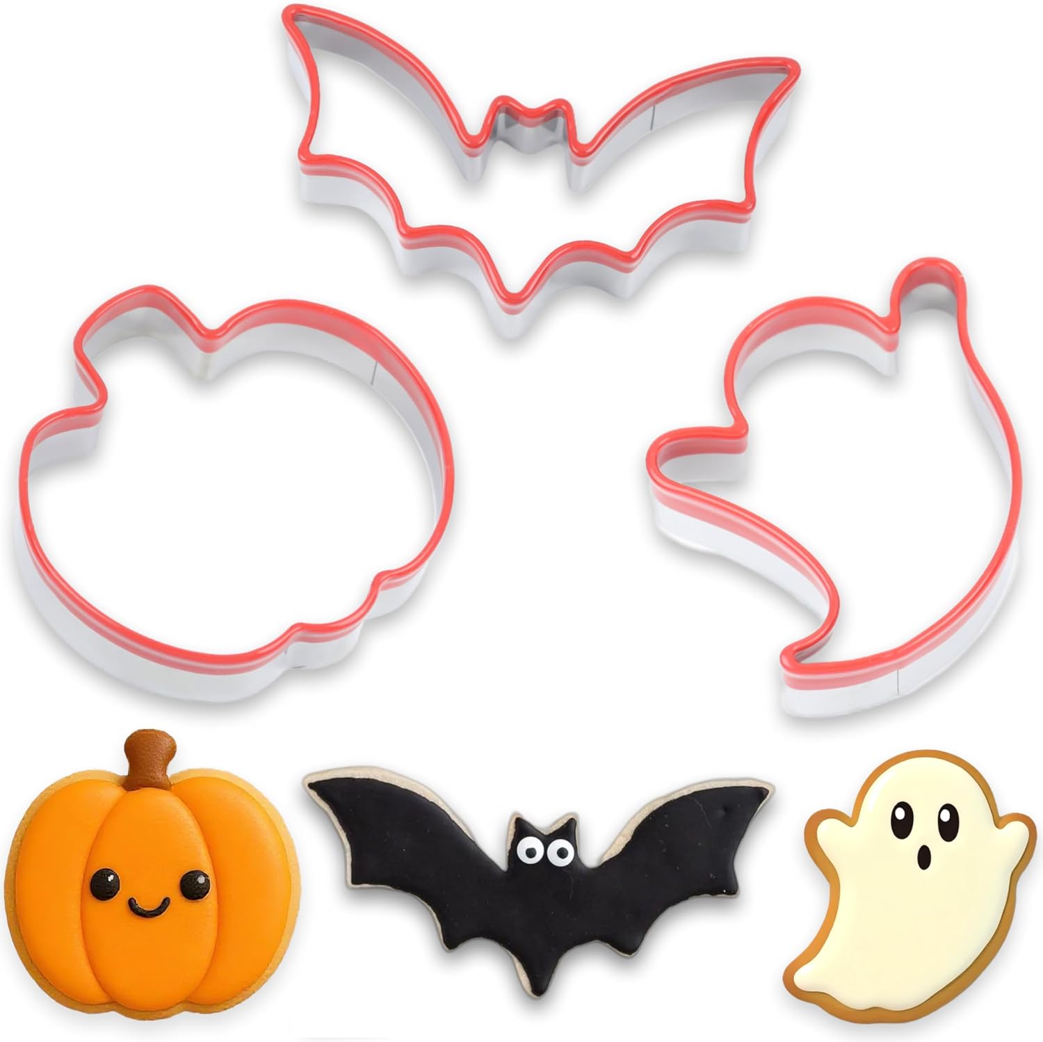COOKIEQUE 3 Pcs Halloween Cookie Cutters - Pumpkin, Ghost and Bat, Food-Grade Stainless Steel Sandwich Cutters, Biscuit Cutter, Holiday Cookie Cutters, Unique Design with Protective Red Top PVC