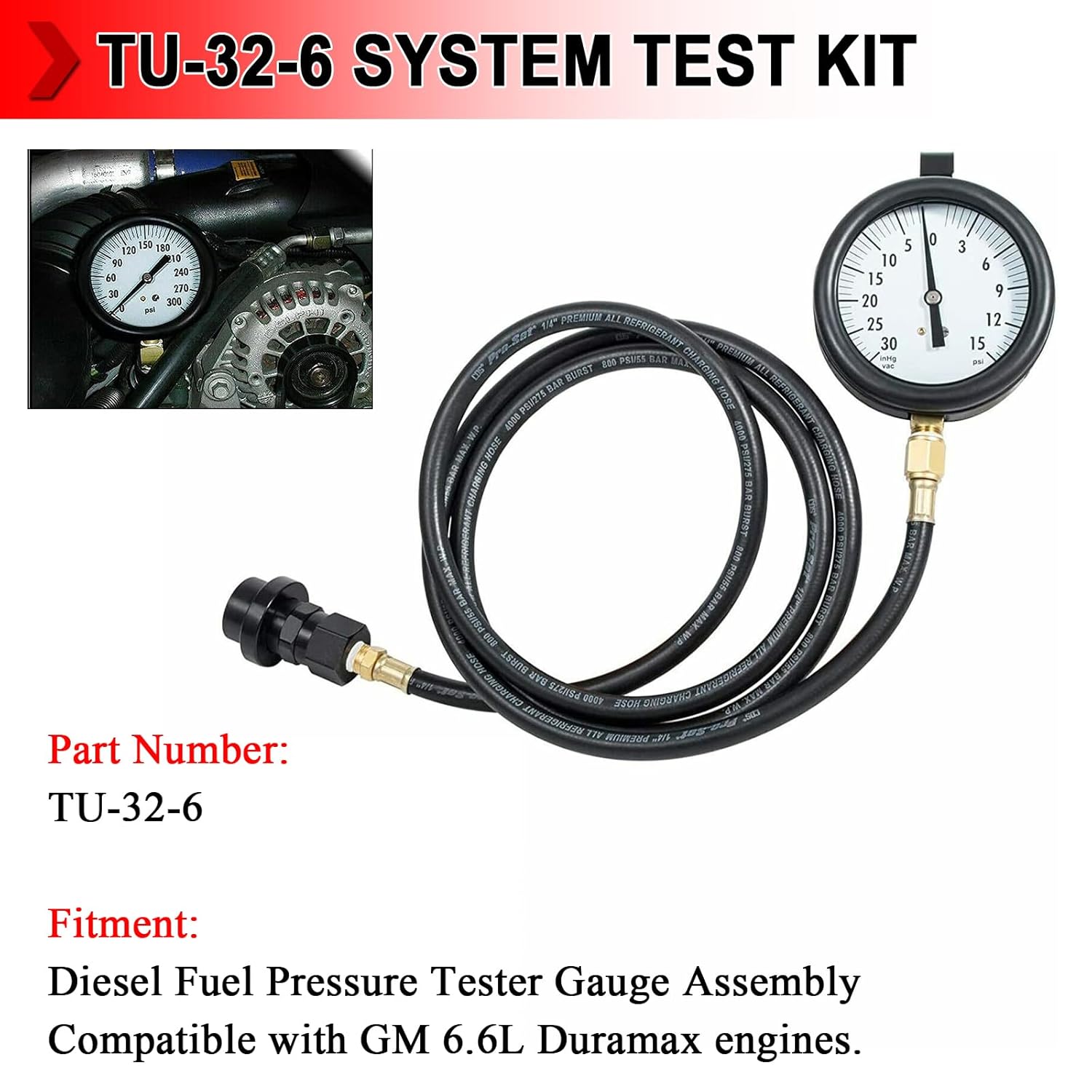 Diesel Fuel Pressure Tester Gauge Assembly TU-32-6 6.6L Fits for GM Duramax Diesel Fuel Pressure System Test Kit