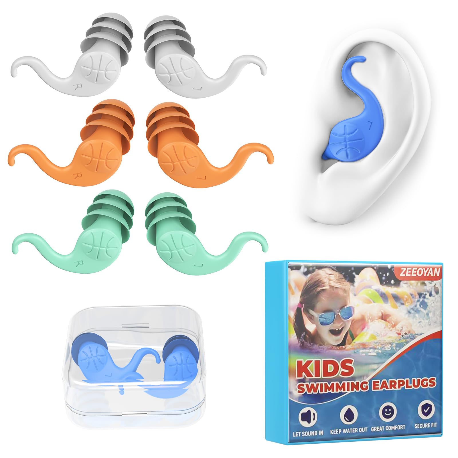 Tappi per le orecchie da nuoto per bambini (4-12 Anni), 4 Paia Tappi Orecchie Piscina in Silicone Riutilizzabili, per doccia, nuoto, surf, snorkeling e altri sport acquatici