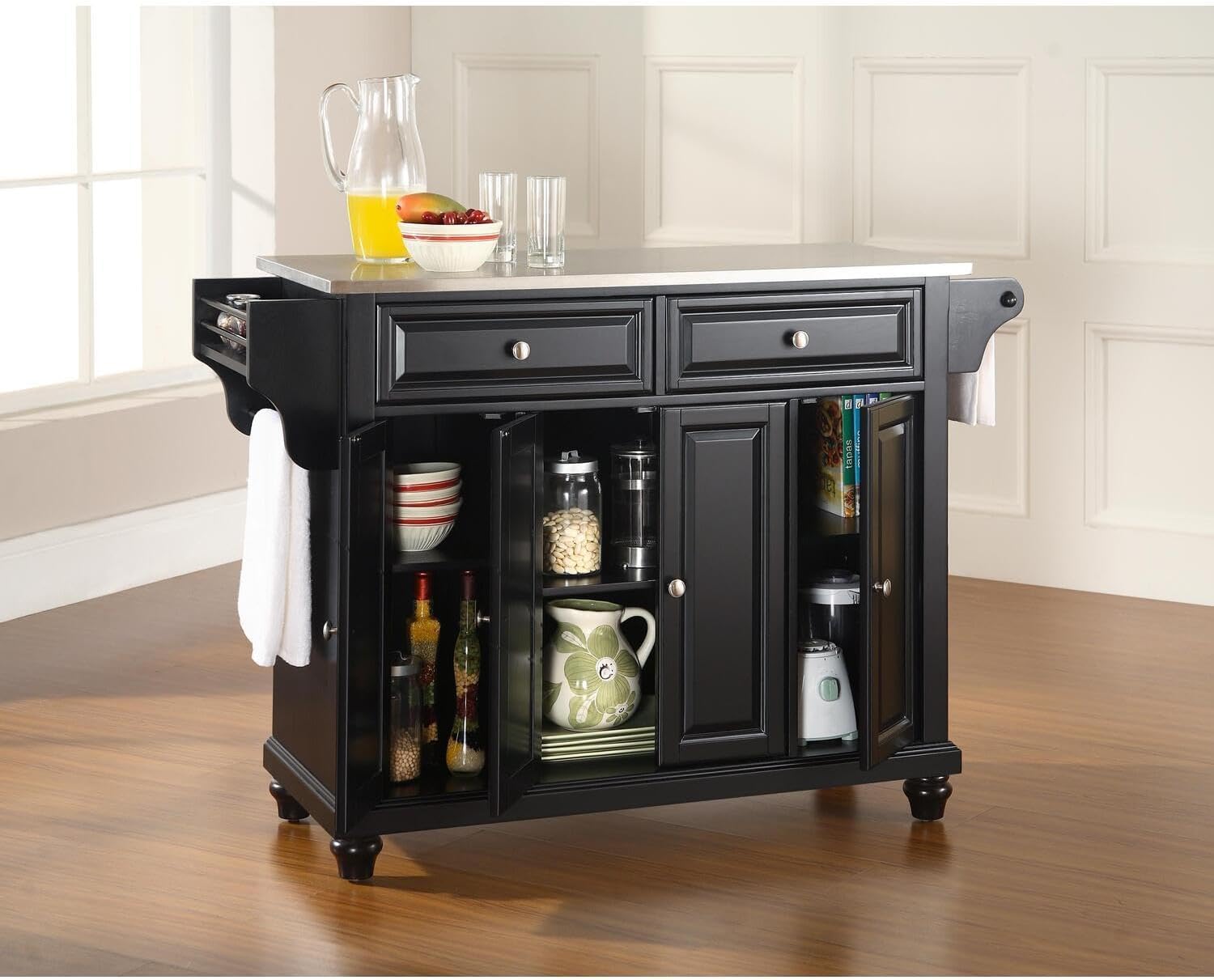 HomeStock Kitchen Island with Stainless Steel Top - Spacious Storage Cart - Modern White Finish