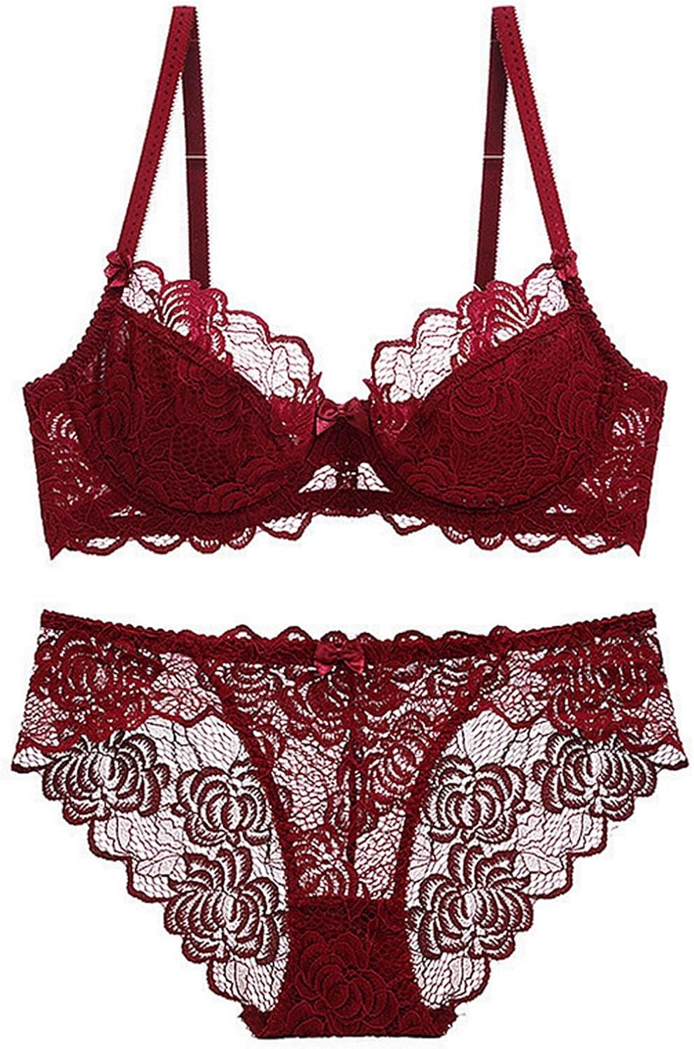 Womens Soft Unlined Underwire Bra and Briefs set V Neck Lace Lingerie Set 32 34 36 A-D