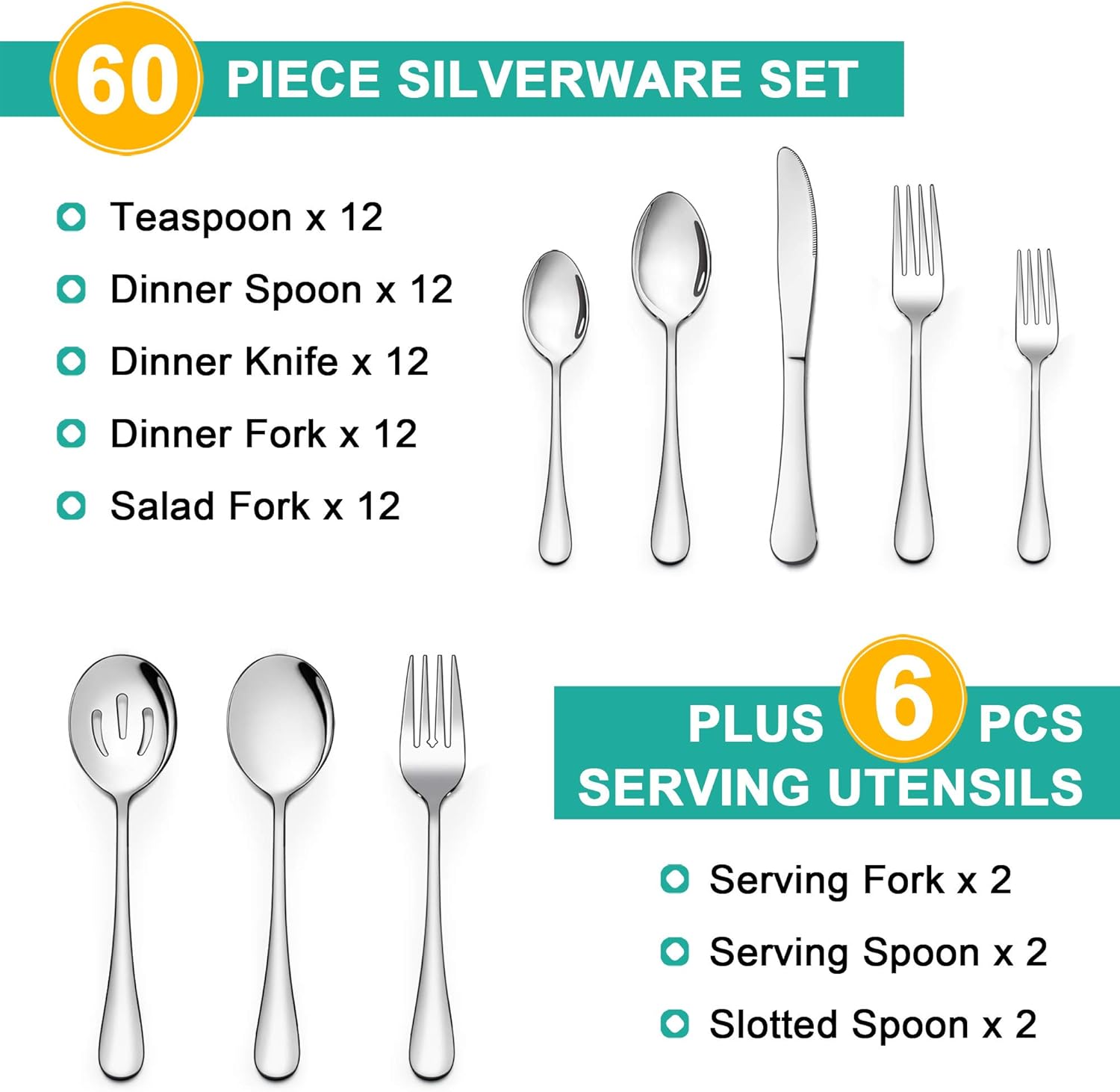  | LIANYU 66-Piece Silverware Set with Serving Utensils, Stainless Steel Silverware Flatware Set for 12, Elegant Cutlery Tableware Includes Fork Spoon Knife, Mirror Polished, Dishwasher Safe: Flatware