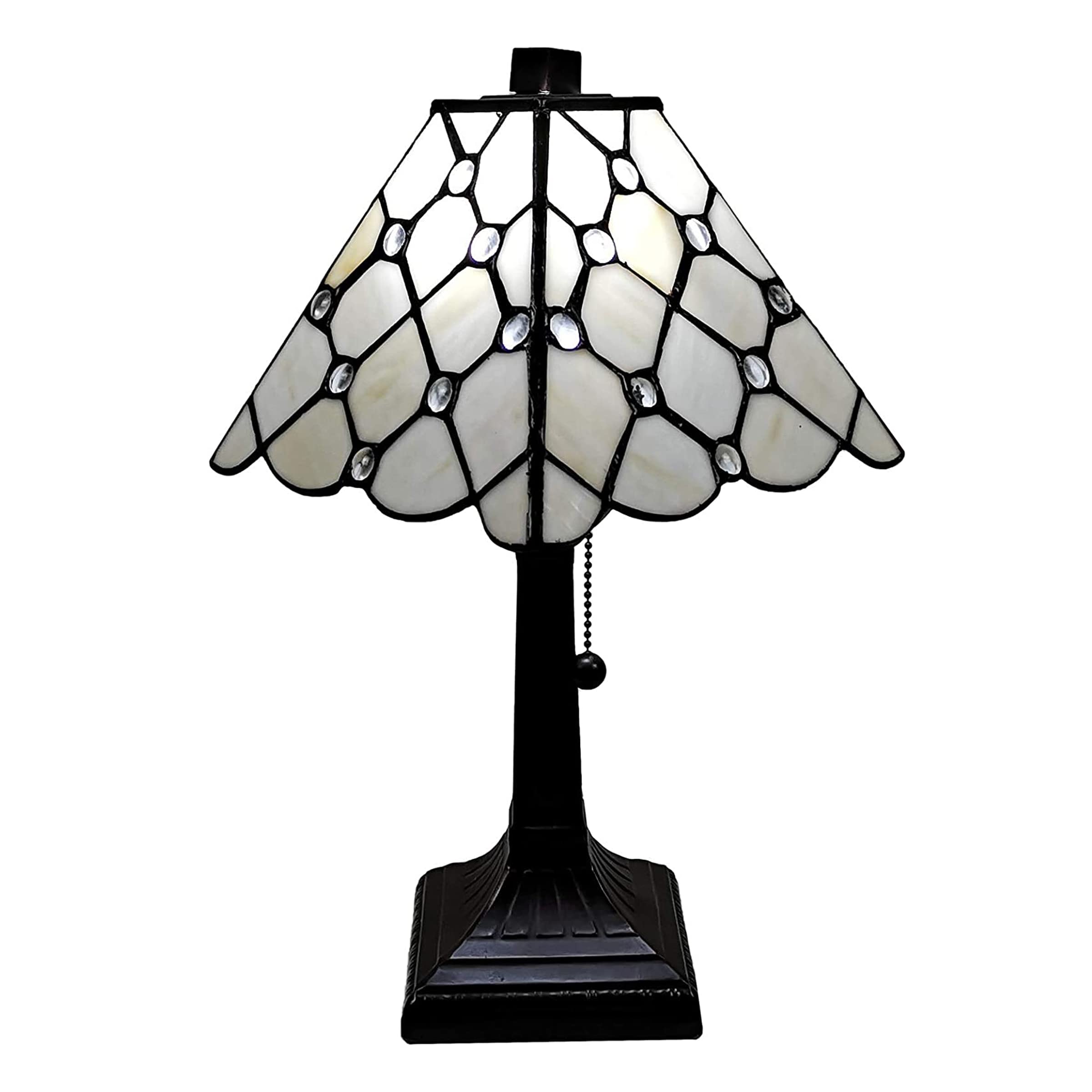 Amora Vintage Tiffany Table Lamp - Geometric White Jeweled Table Night Light - White Glass Nightstand Lamp - 15” Tall Stained Glass Lamp
