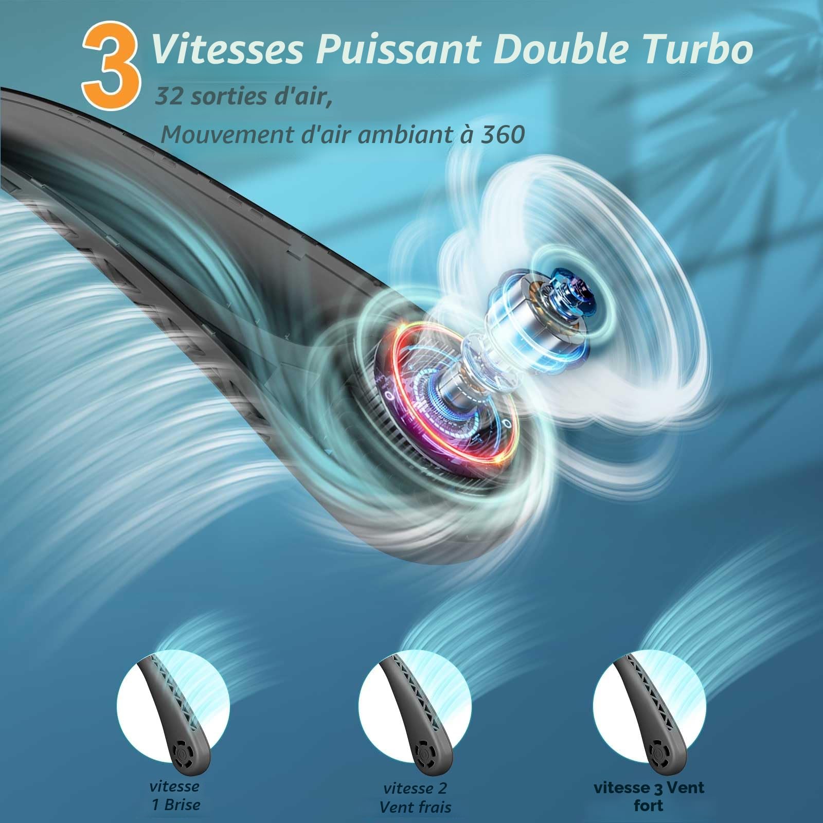 Ventilateur de cou portable, ventilateur mains libres sans pales, réglage à 3 vitesses, rechargeable, ventilateur de cou alimenté par USB pour la maison, le bureau, les voyages (Noir)