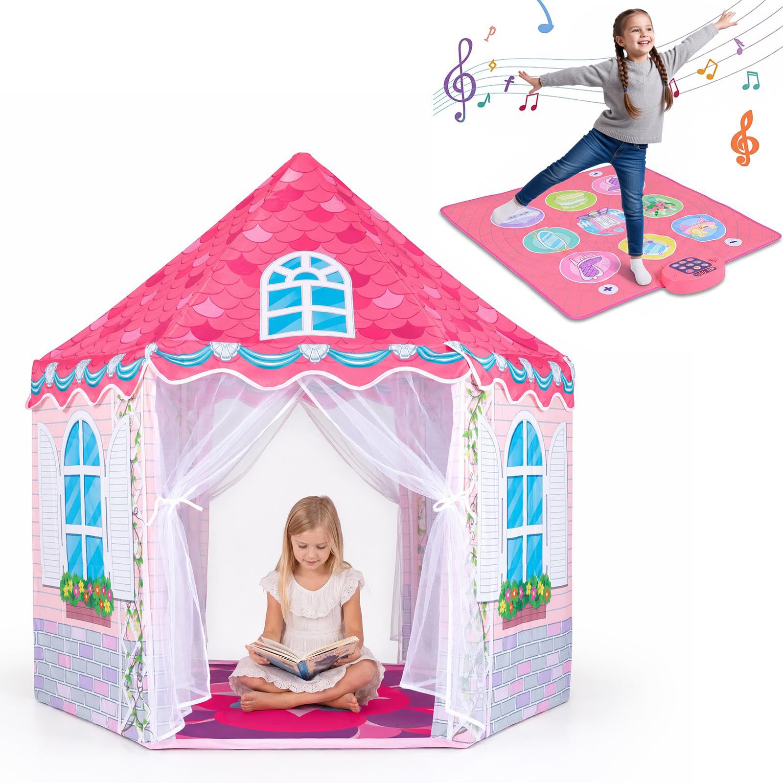 COSTWAY Tenda da Gioco Castello per Bambini 3+ Anni (con Tappeto da Ballo)