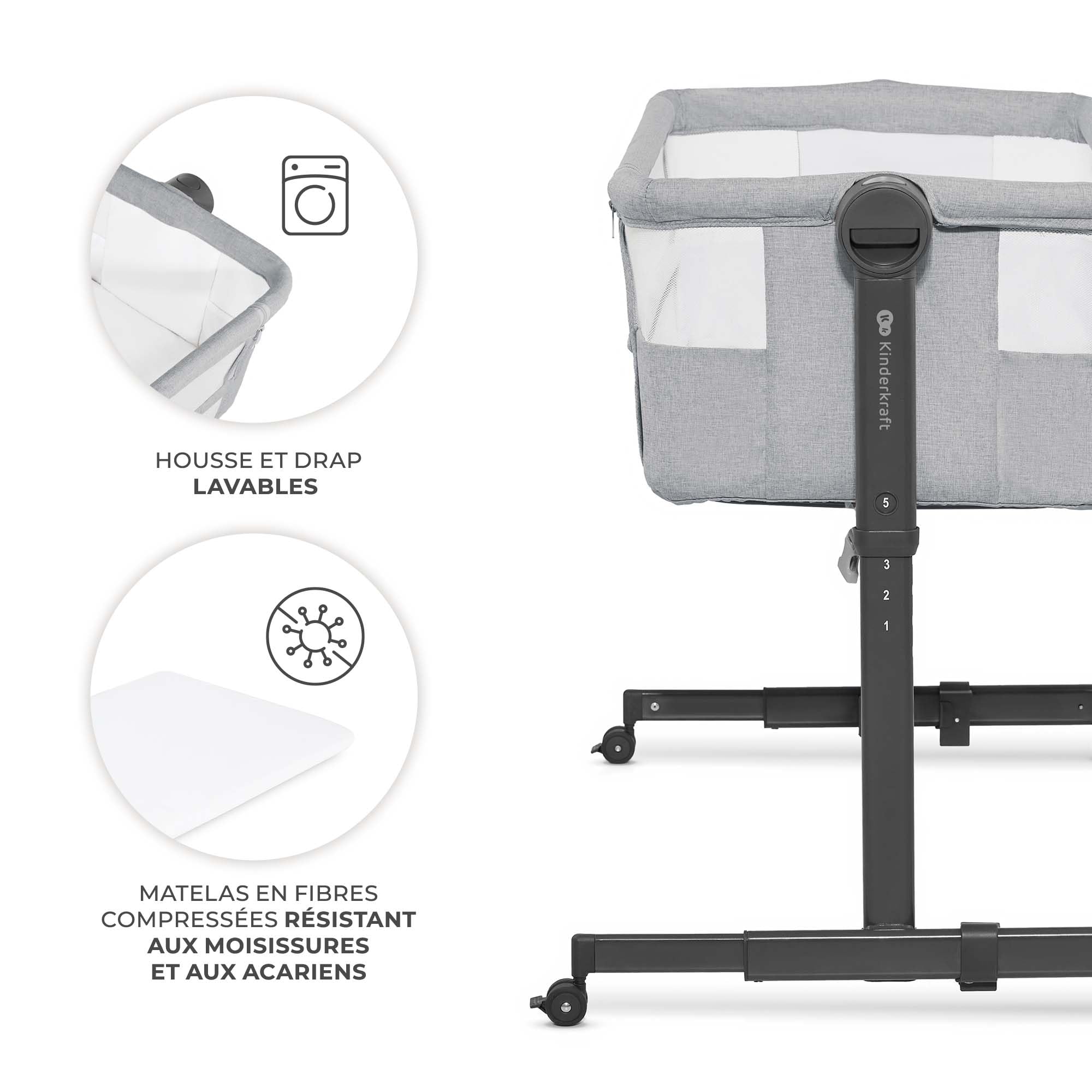 Kinderkraft NESTEE UP 2 Lit bébé cododo, Lit Bebe avec Matelas de la Naissance, Réglage de la Hauteur, Facile Adapter au lit du Parent, Pieds réglables, Gris Clair