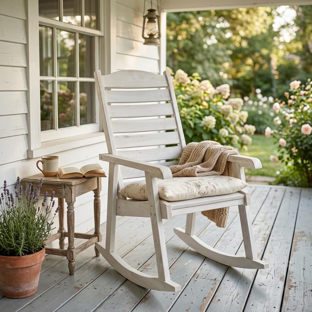 Sedia a Dondolo in legno di abete bianca - Poltrona classica in kit con struttura robusta in legno naturale, relax per interno ed esterno coperto, soggiorno, camera, terrazza o veranda, 58x99x104 cm