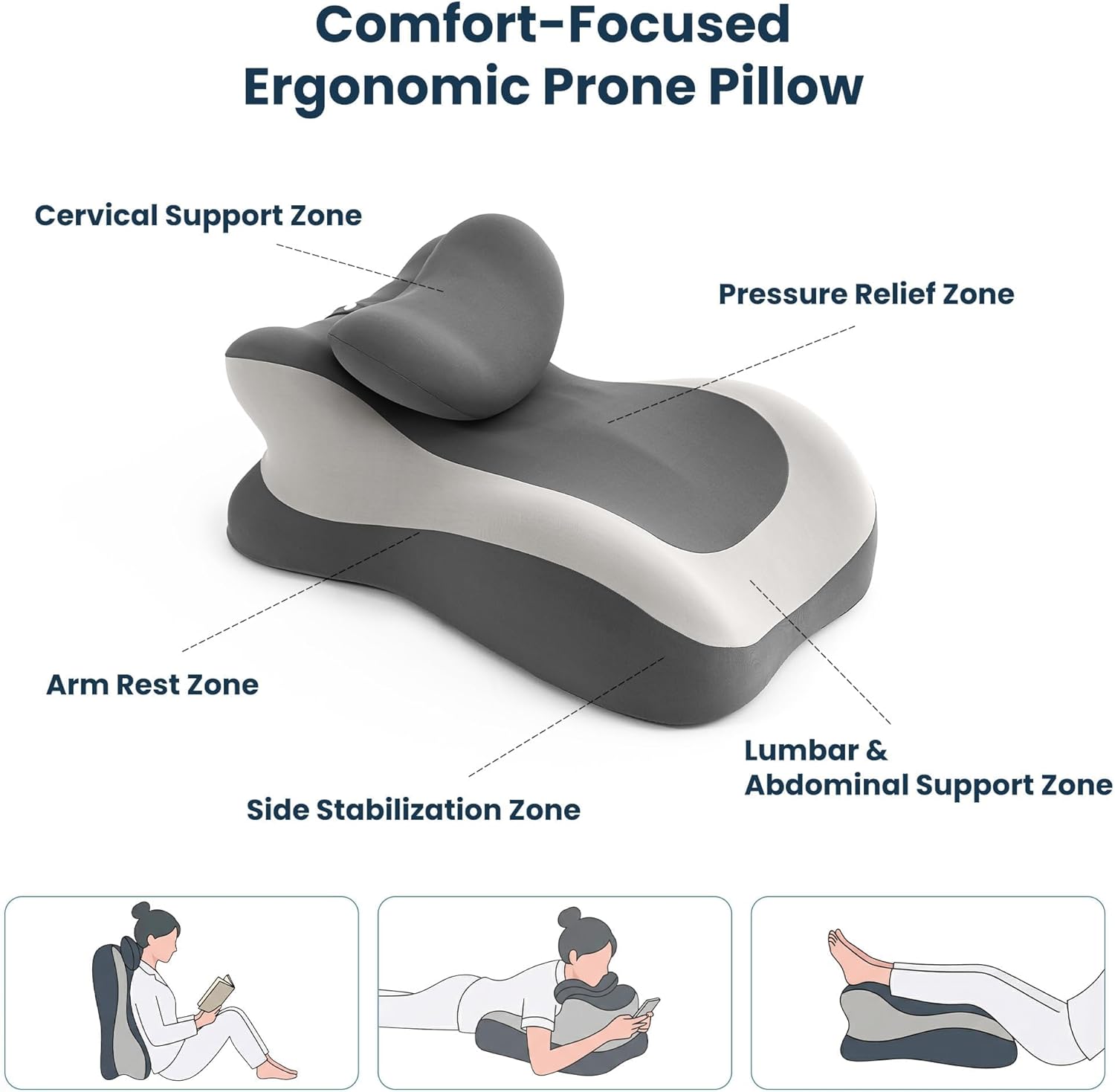 SLEEP ZONE Memory Foam Reading Pillow, Multi-Position Support Bed Pillow for Petite Adults, Reading Tools, Pillows Prone Back and Knee Support Leg Elevation with Washable Cover, Gray