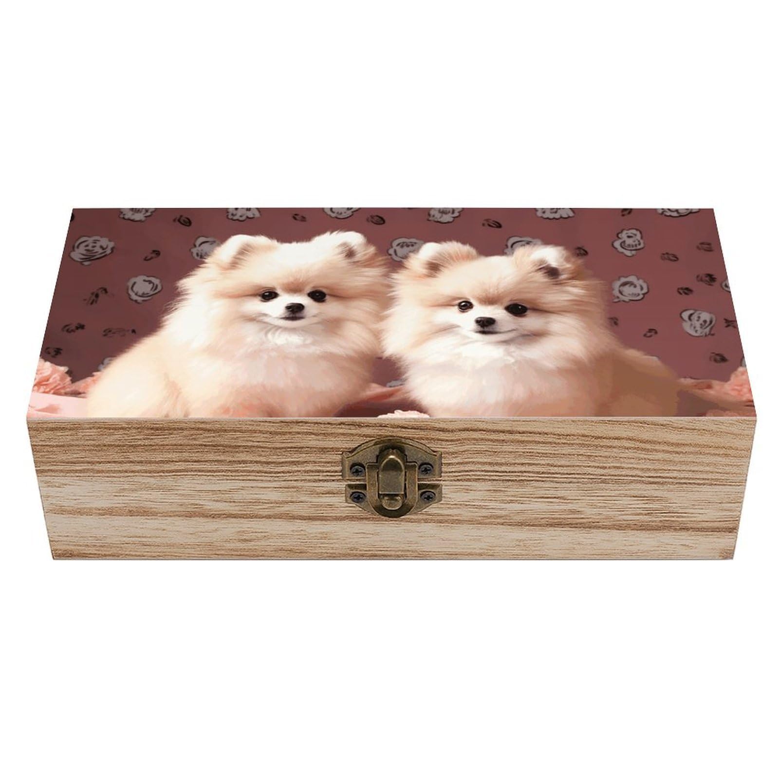 LZQPOEAS Pomeranians Puppies And Point Wooden Storage Box Small Decorative Box with Hinged Lid Handmade Elegant Keepsake Storage Box for Jewelry, Photos, Trinkets, Letter Gifts, Small Heirlooms