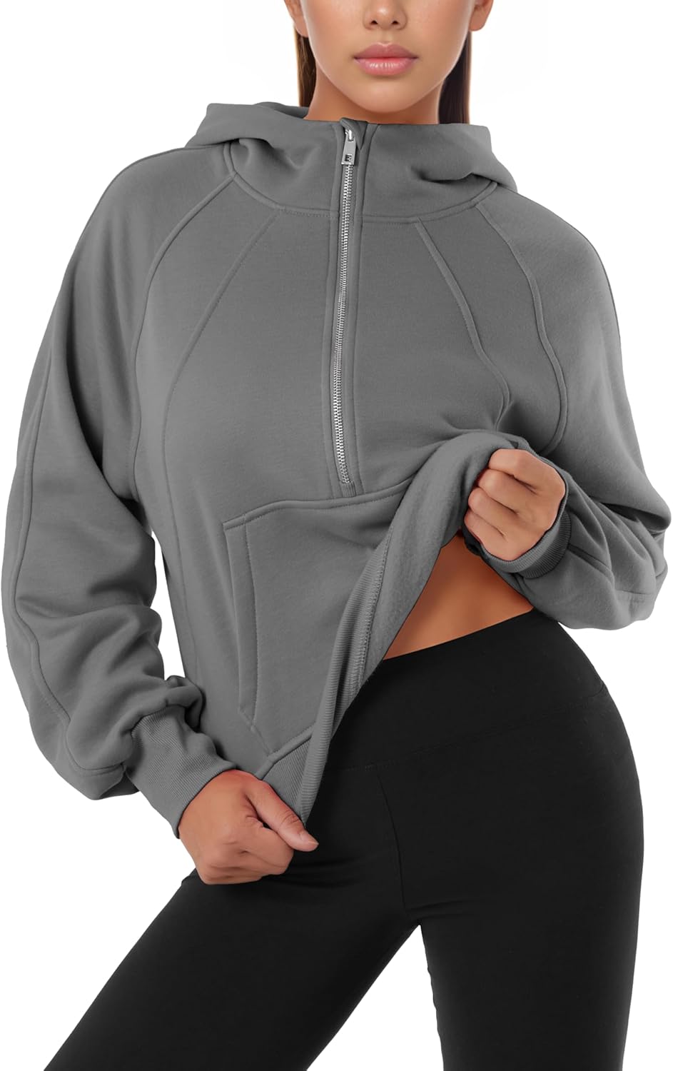 GIVON Womens Cropped Fleece-Lined Hoodie Quarter-Zip Pullover Sweatshirt with Thumb Hole - Image 2