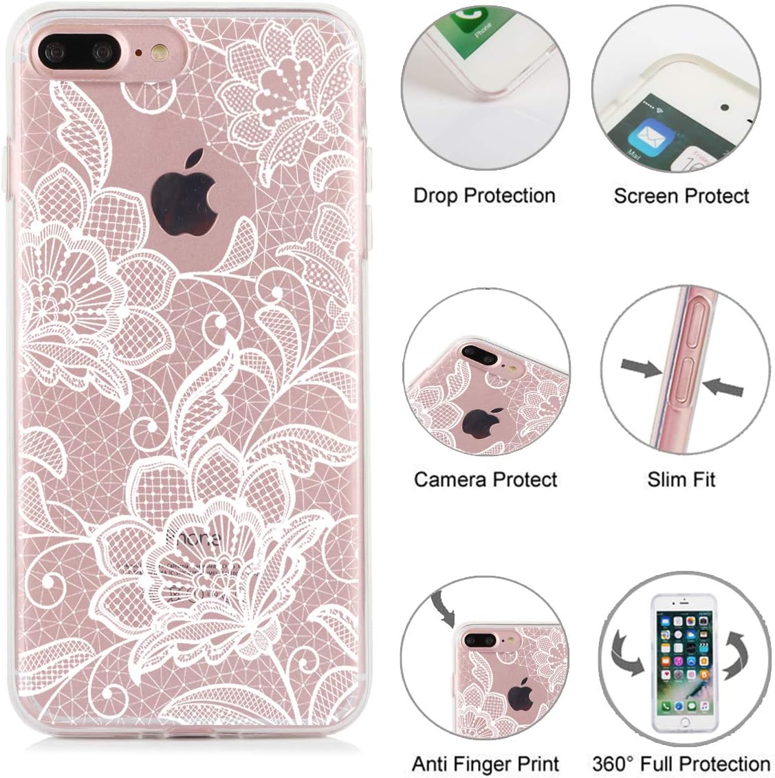 iPhone 8 Plus Case iPhone 7 Plus Case, Floral White Lace Paisley Flowers Pattern, Clear IMD Hybrid Hard TPU Back Cover Shockproof Protective Phone Cases for Women Girls-[5.5"]
