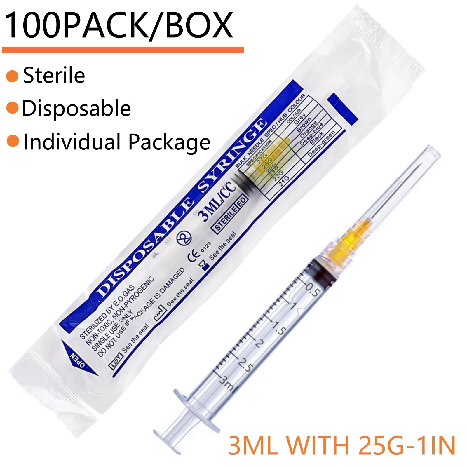 Paquete de 100 jeringas de plástico Luer Lock de 3 ml/cc con aguja de 25 Ga, herramientas de medición de laboratorio para dispensación industrial, laboratorio de ciencia y suministros de inyección de