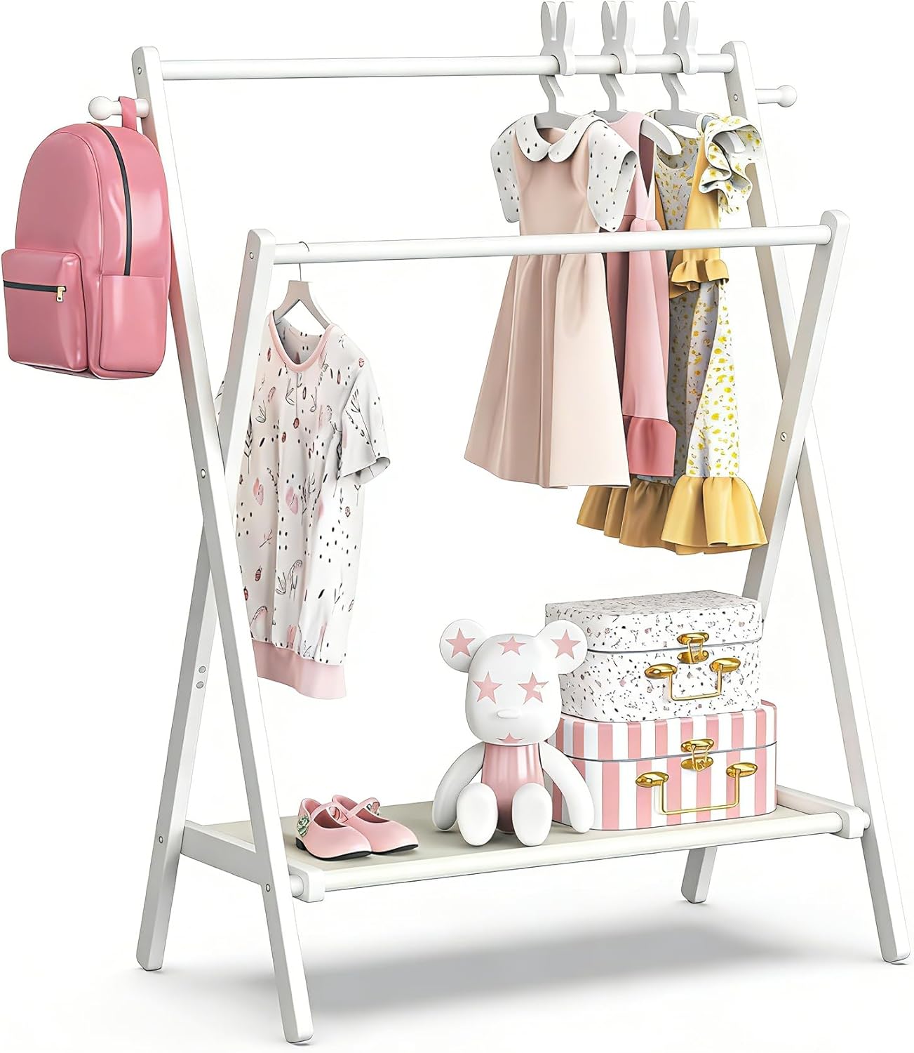 Kids Clothing Rack, Small Clothes Rack for Toddler Pets, Kids Dress Up Rack with Storage Shelf & Double Rods, Foldable Kids Clothes Rack for Nursery Child's Room (Regular Size - White)