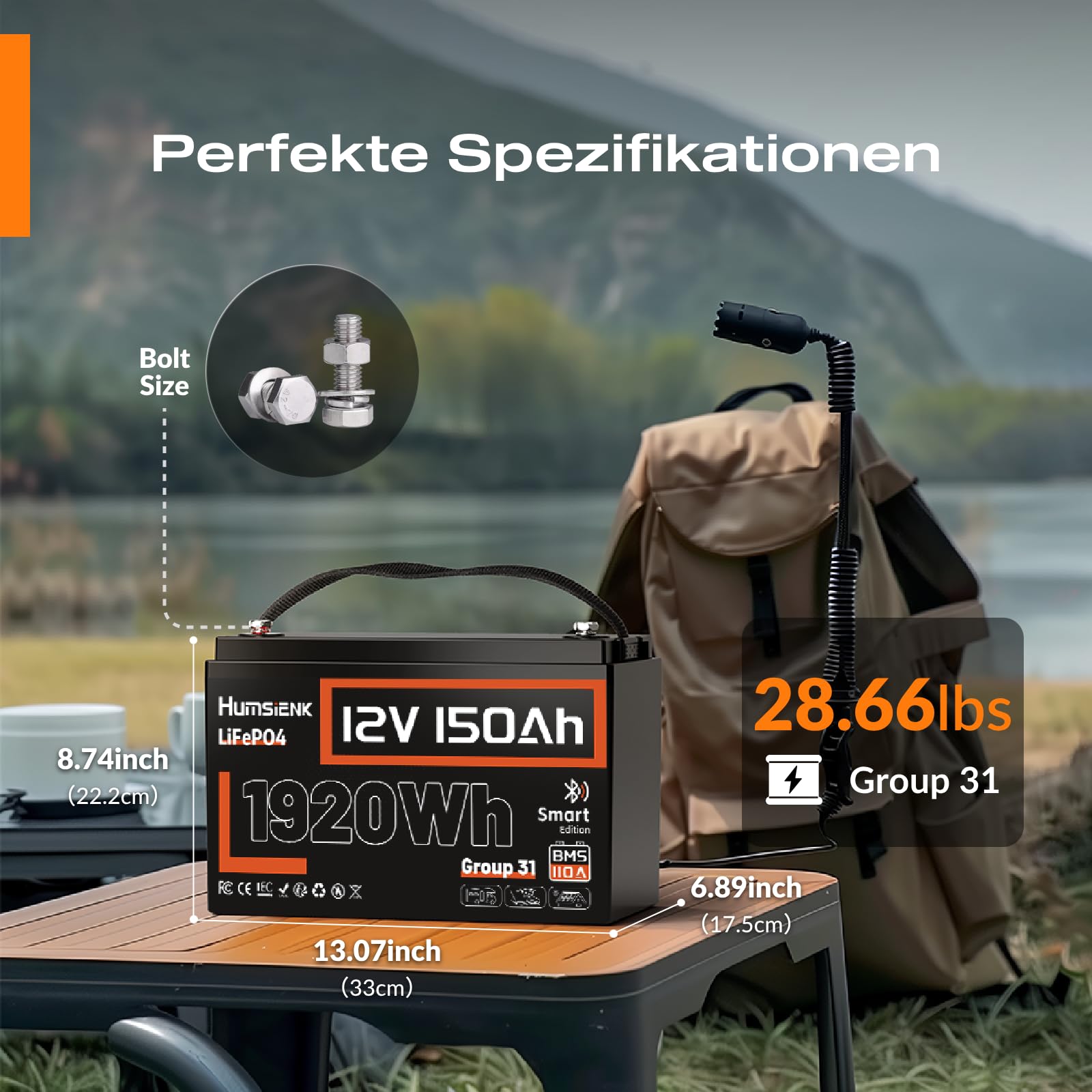 Humsienk 12V 150Ah LiFePO4 Batterie mit Bluetooth, 110A BMS 1920Wh Tiefzyklus Lithium Batterie, Niedrigtemperaturschutz, Perfekt für Wohnmobile, Trolling-Motoren, Yachten, Boot