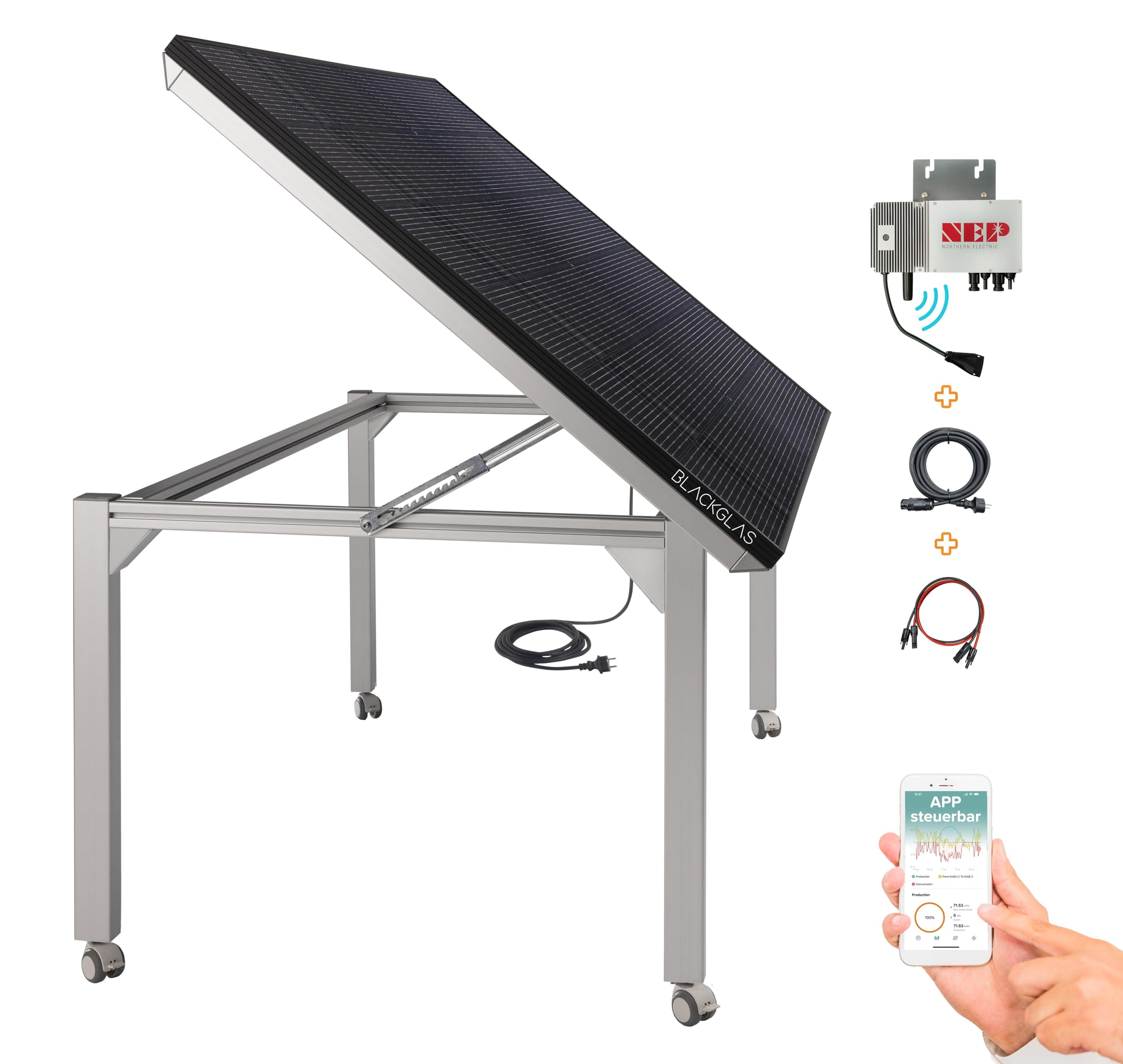 Balkonkraftwerk 445Wp Solar Gartentisch VEOvoltPRO mit Rollen, Full Black Solarmodul, 600W Wechselrichter mit App, 5m Kabel, Verstellbarer Winkel, Plug & Play, Vormontiert, Made-in-Germany
