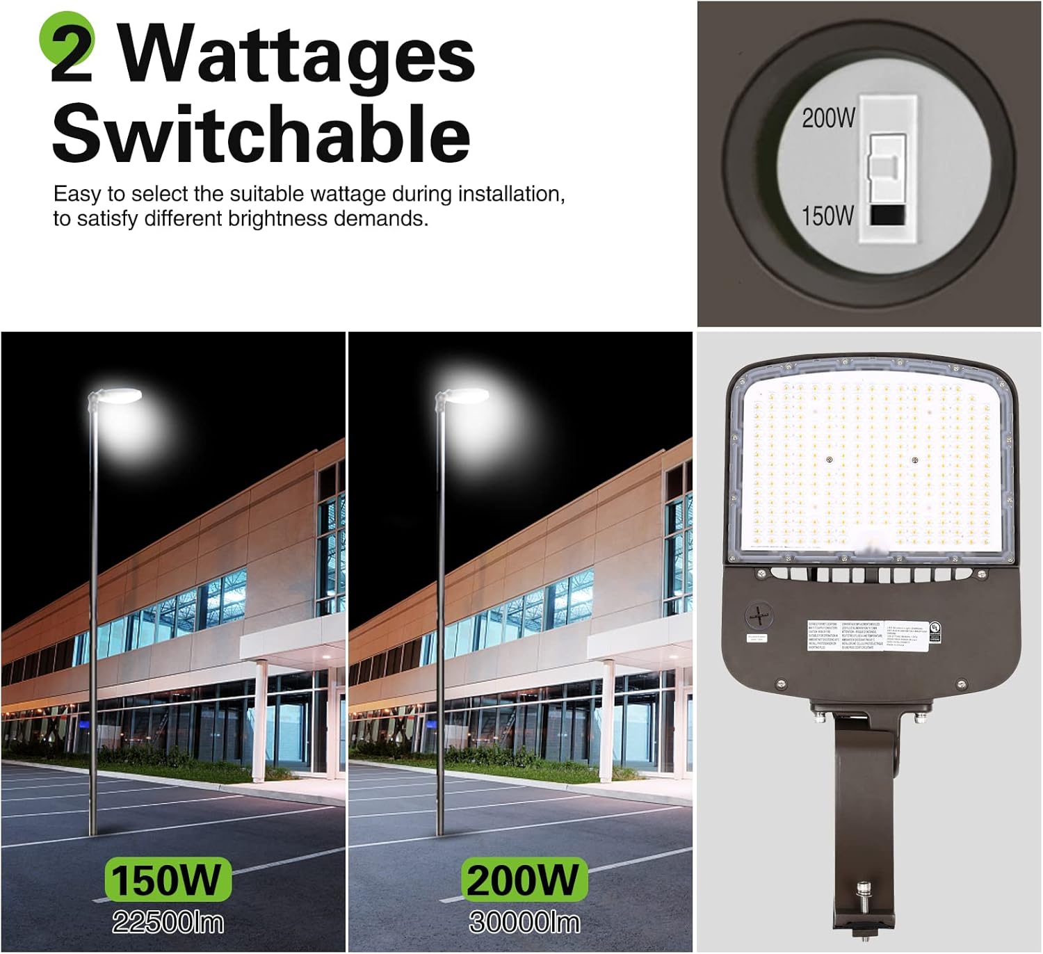 hykolity 150W/200W Switchable LED Parking Lot Light, 150LM/W LED Street Lighting with Dusk to Dawn Photocell [400W-600W HPS Equiv.] 5000K 100-277V, Commercial Adjustable Arm Mount LED Shoebox Light